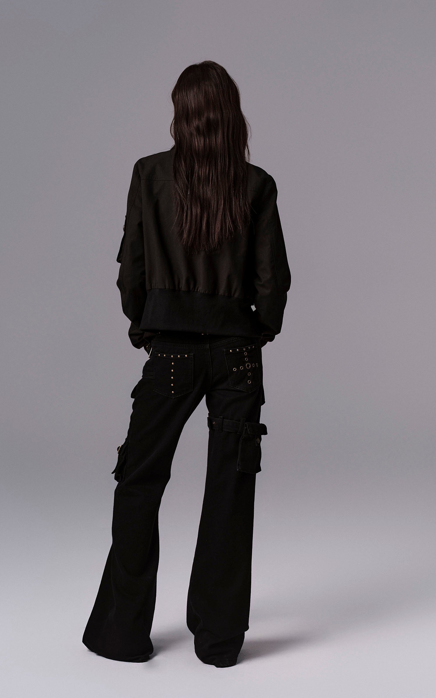 Low pixel Buckled Stand Collar Cropped Utility Jacket
