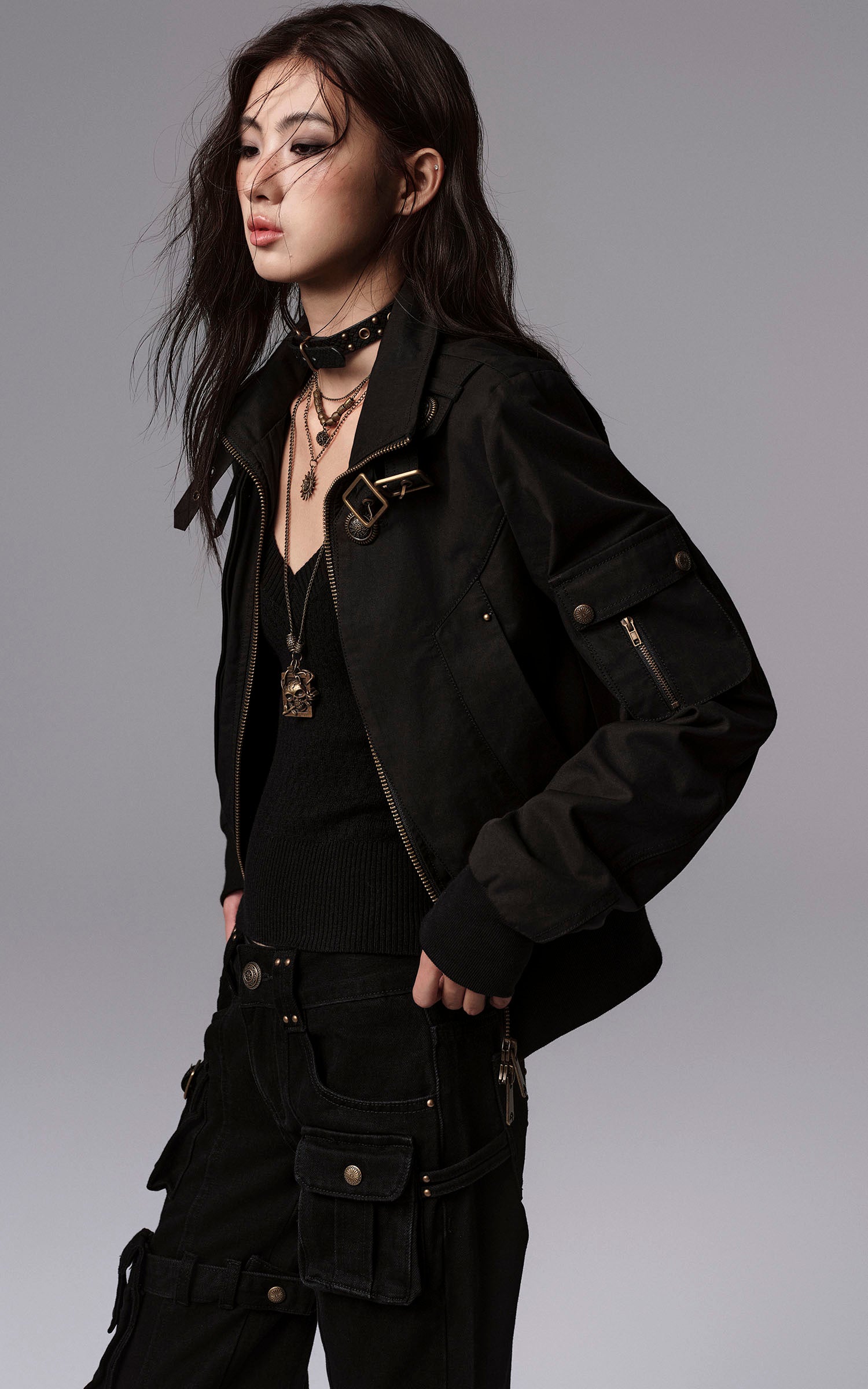 Low pixel Buckled Stand Collar Cropped Utility Jacket