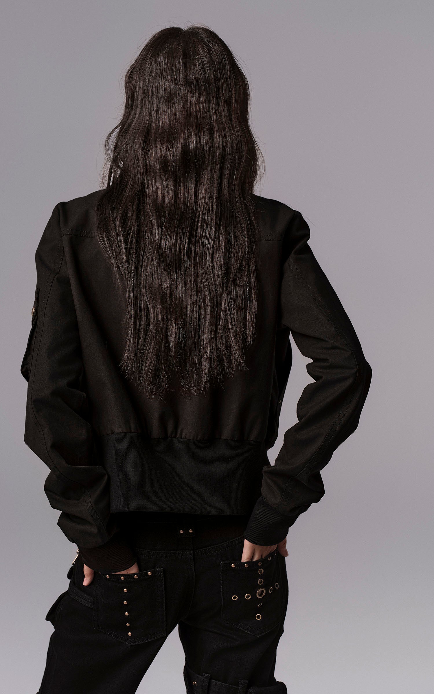 Low pixel Buckled Stand Collar Cropped Utility Jacket