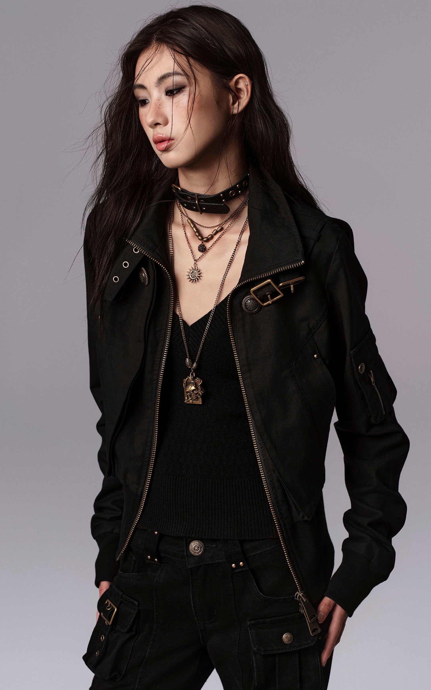 Low pixel ディープVスリムフィットテクスチャーニットロングスリーブトップ