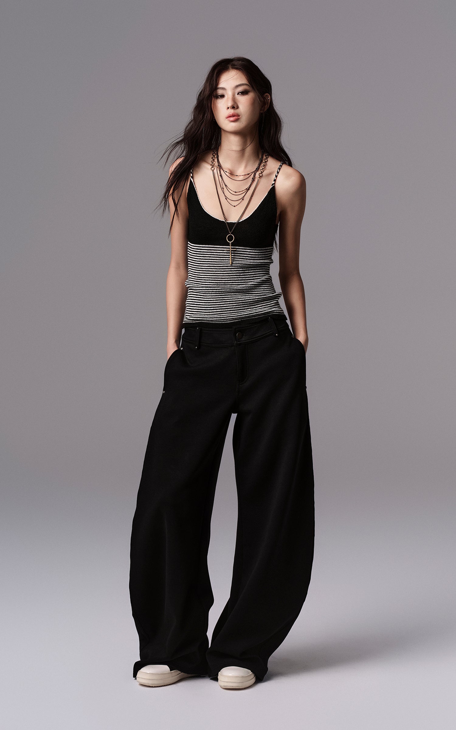 Low pixel ストライプニットスパゲッティストラップタンクトップ