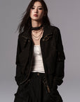 Low pixel Buckled Stand Collar Cropped Utility Jacket