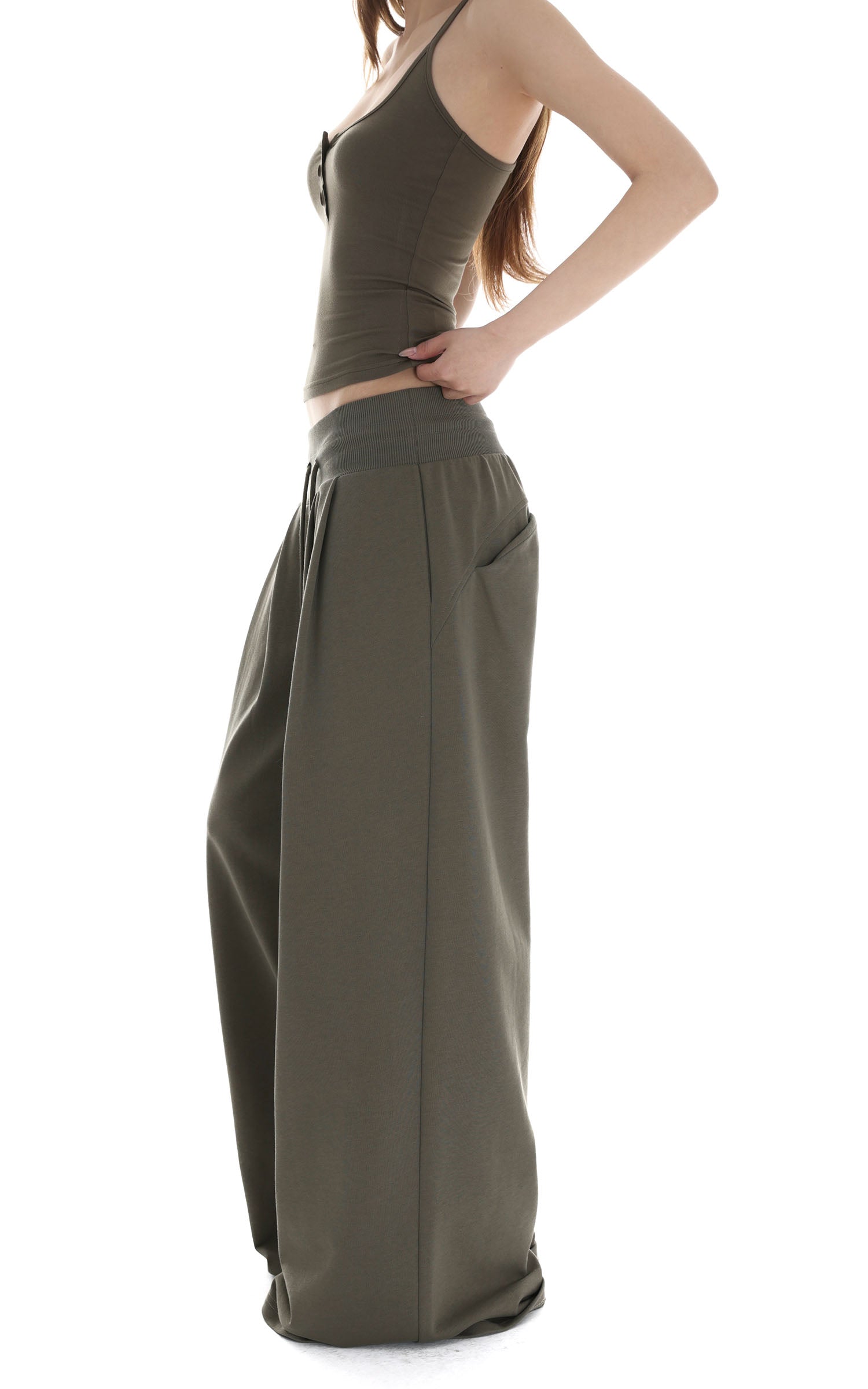 IAMXIAA リブボタンタンク＆ワイドレッグドローストリングパンツ2点セット