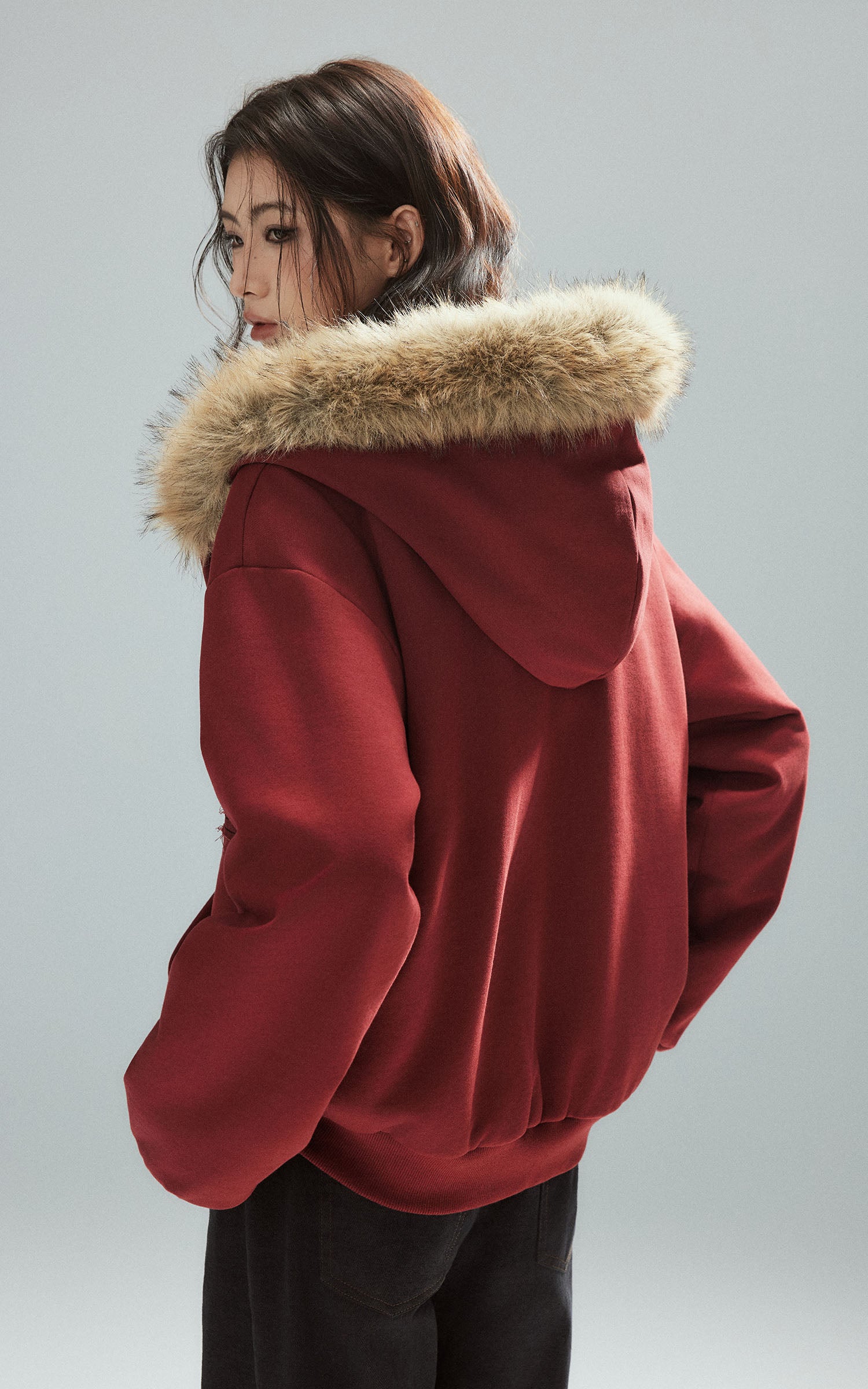 Low pixel フェイクファー フード付きジップアップスウェットジャケット