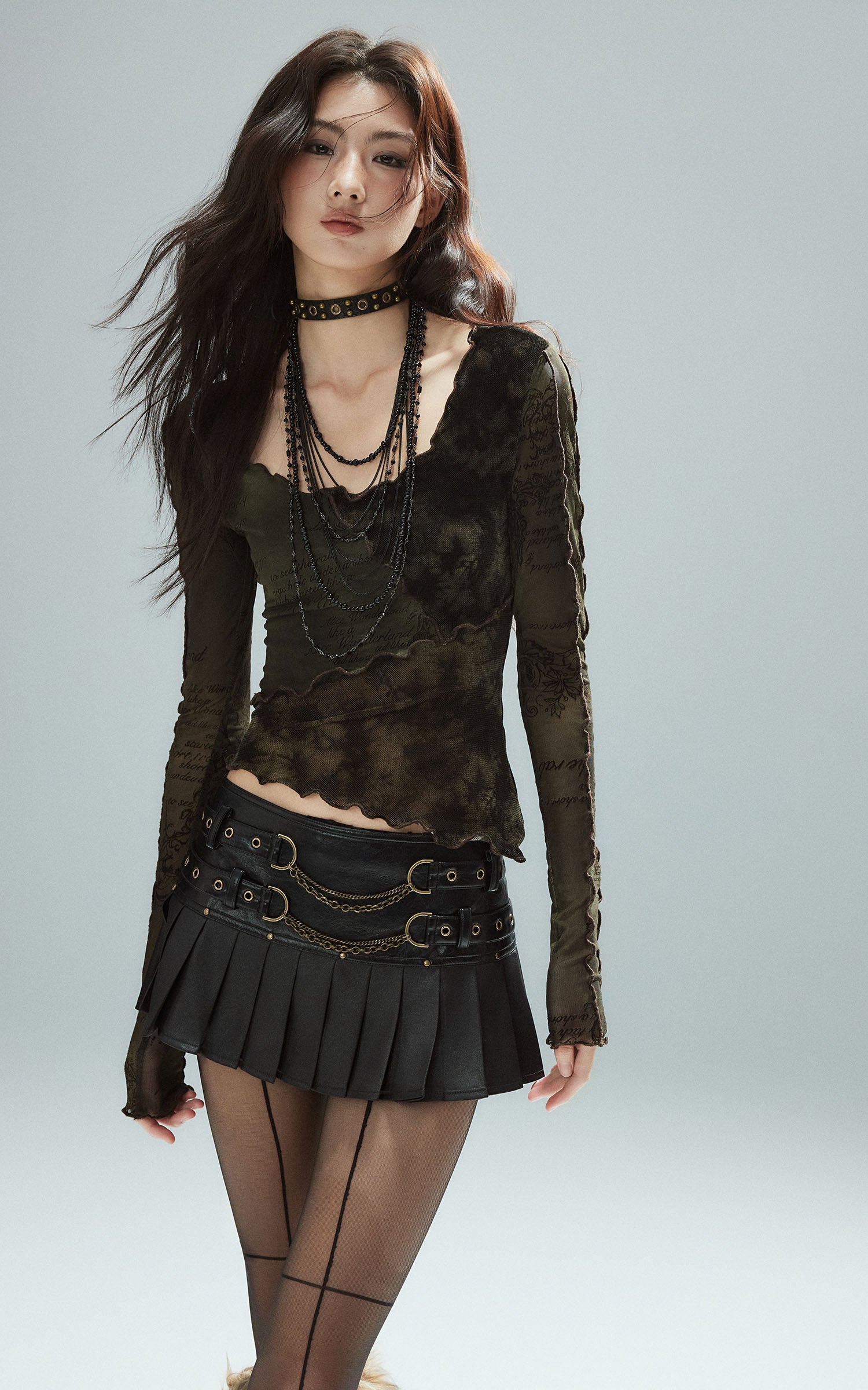 Low pixel チェーンバックルハイウエストプリーツミニスカート