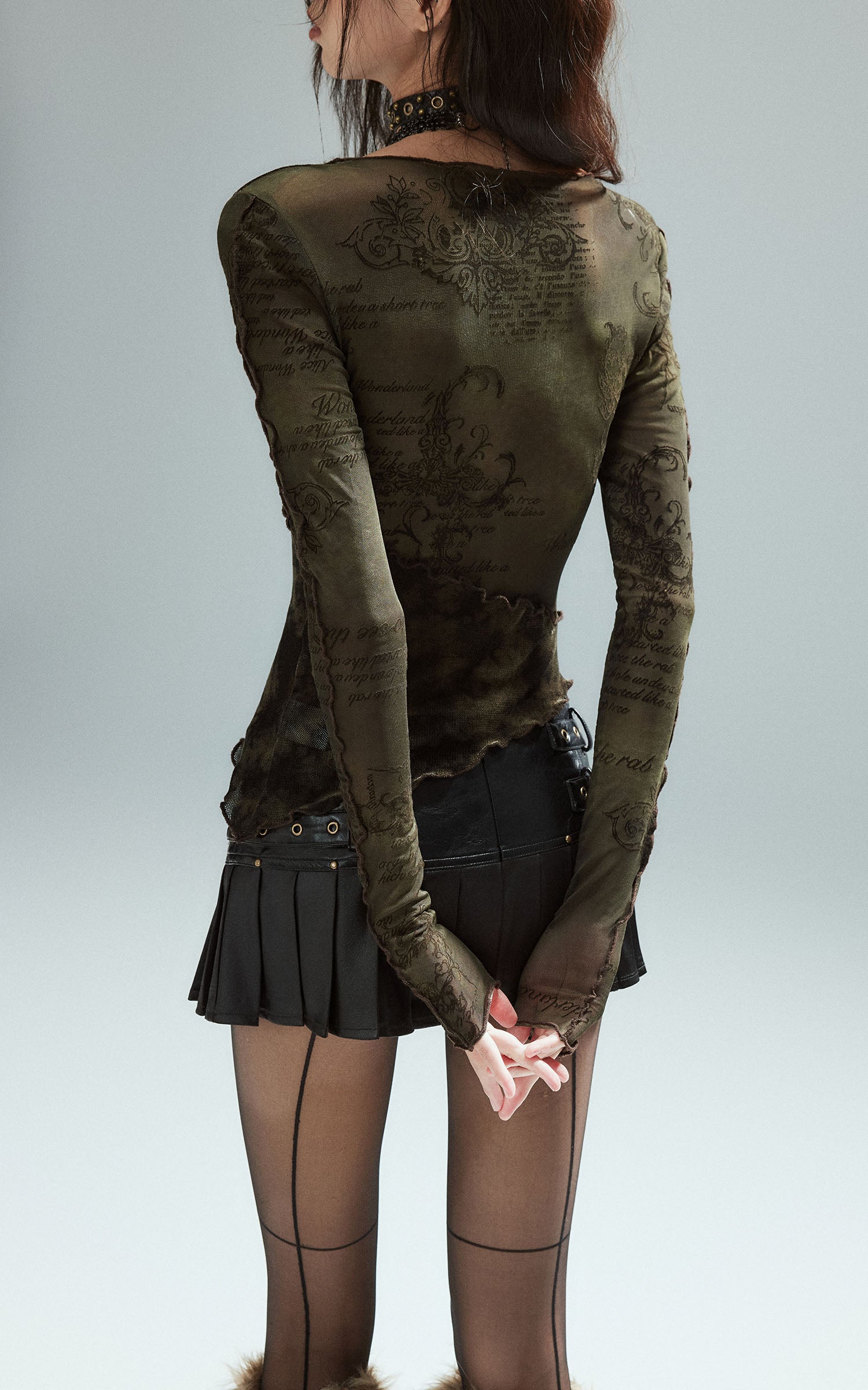 Low pixel Distressed Print Asymmetric Mesh Long Sleeve T-Shirt