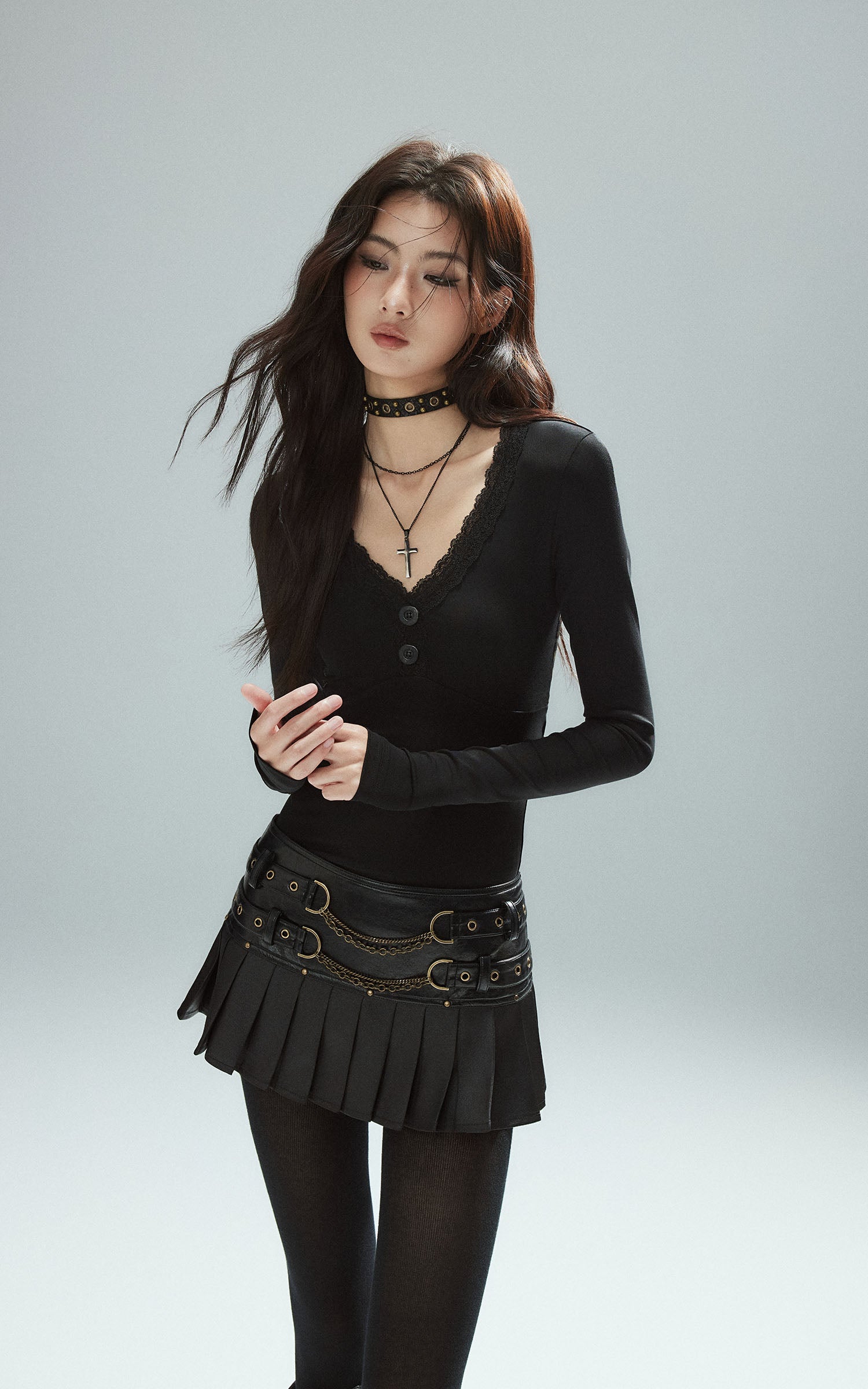 Low pixel チェーンバックルハイウエストプリーツミニスカート