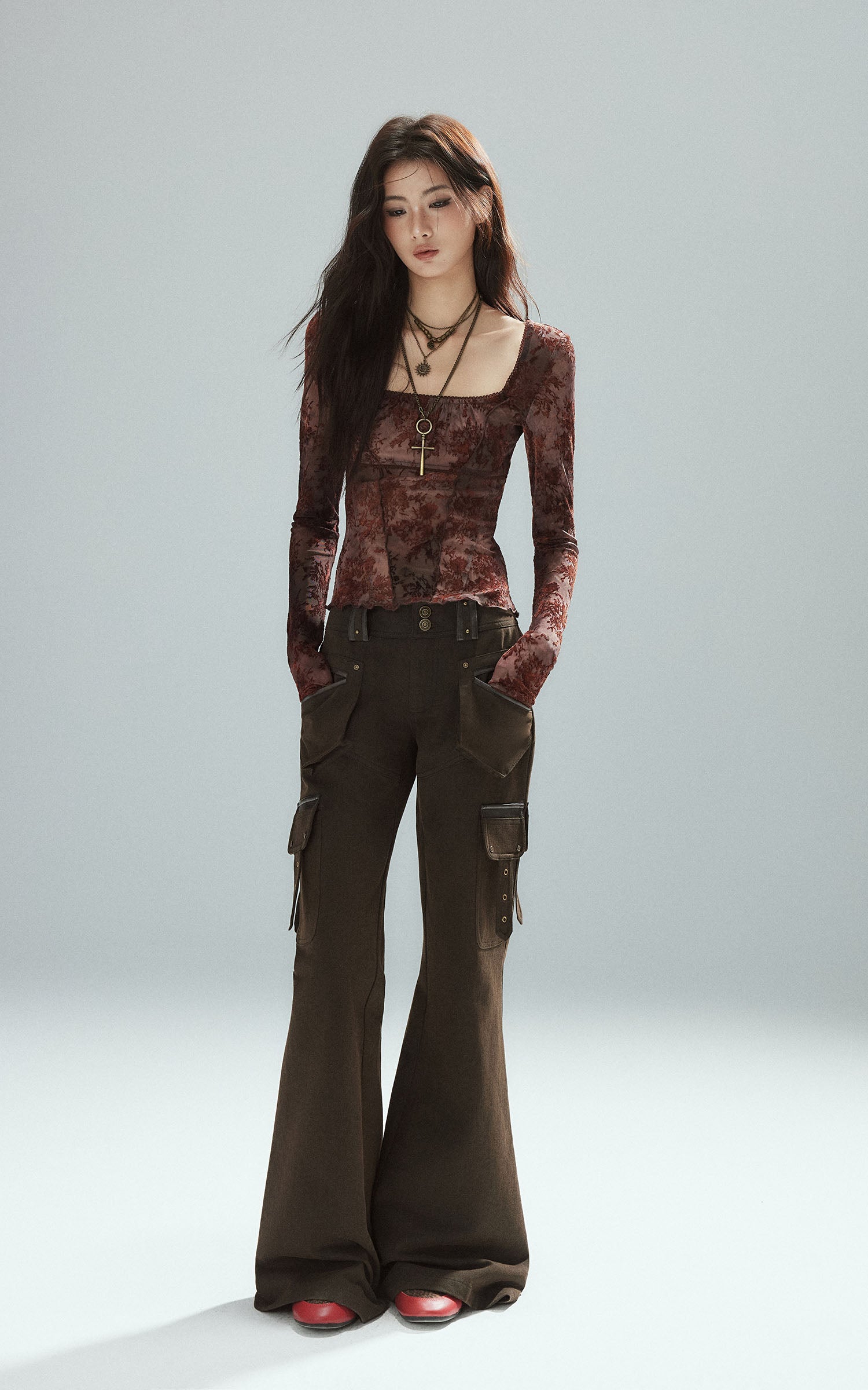 Low pixel シアーフローラルメッシュフィットロングスリーブTシャツ