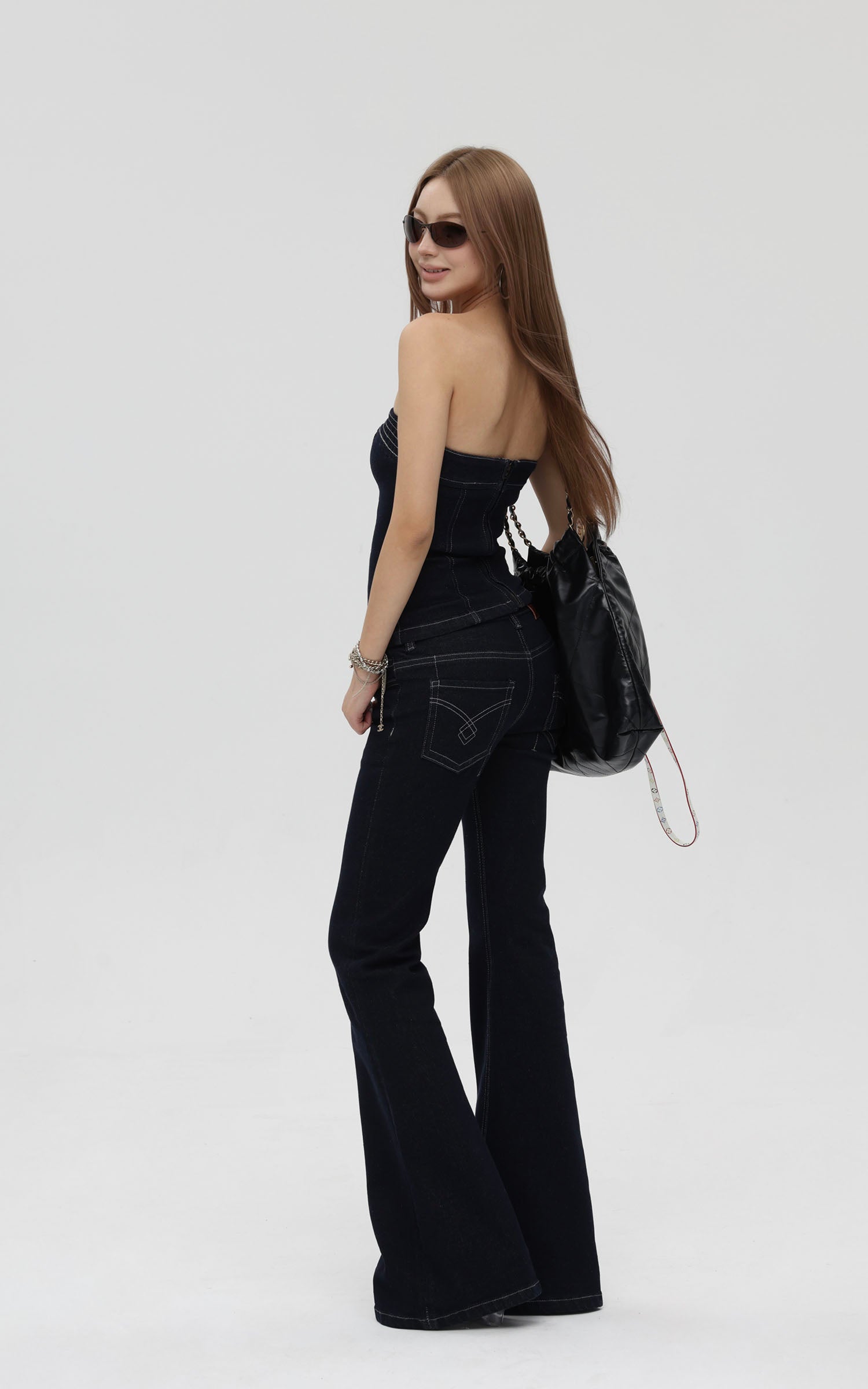 IAMXIAA ストラップレスデニムトップ＆フレアパンツ2点セット