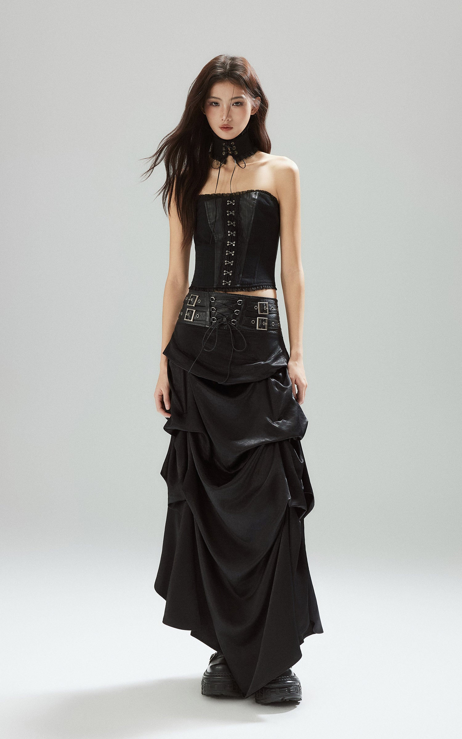 low pixel ゴシックレイヤードドレープコルセットウエストスカート