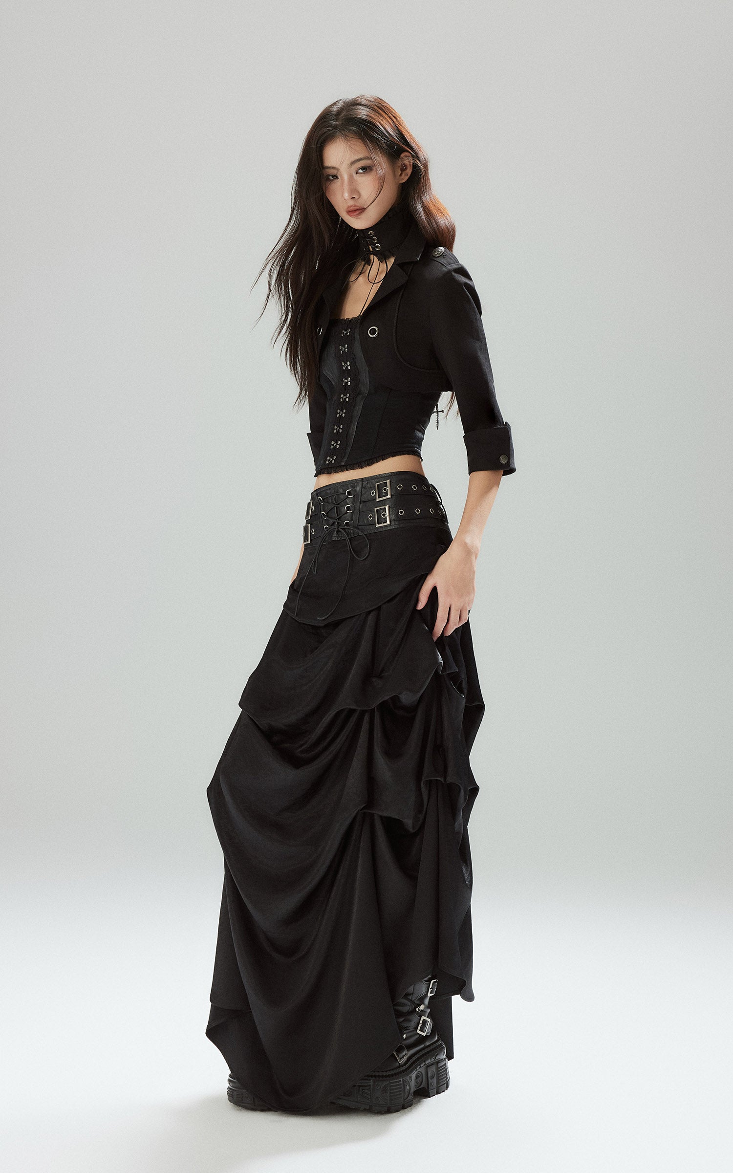 low pixel ゴシックレイヤードドレープコルセットウエストスカート