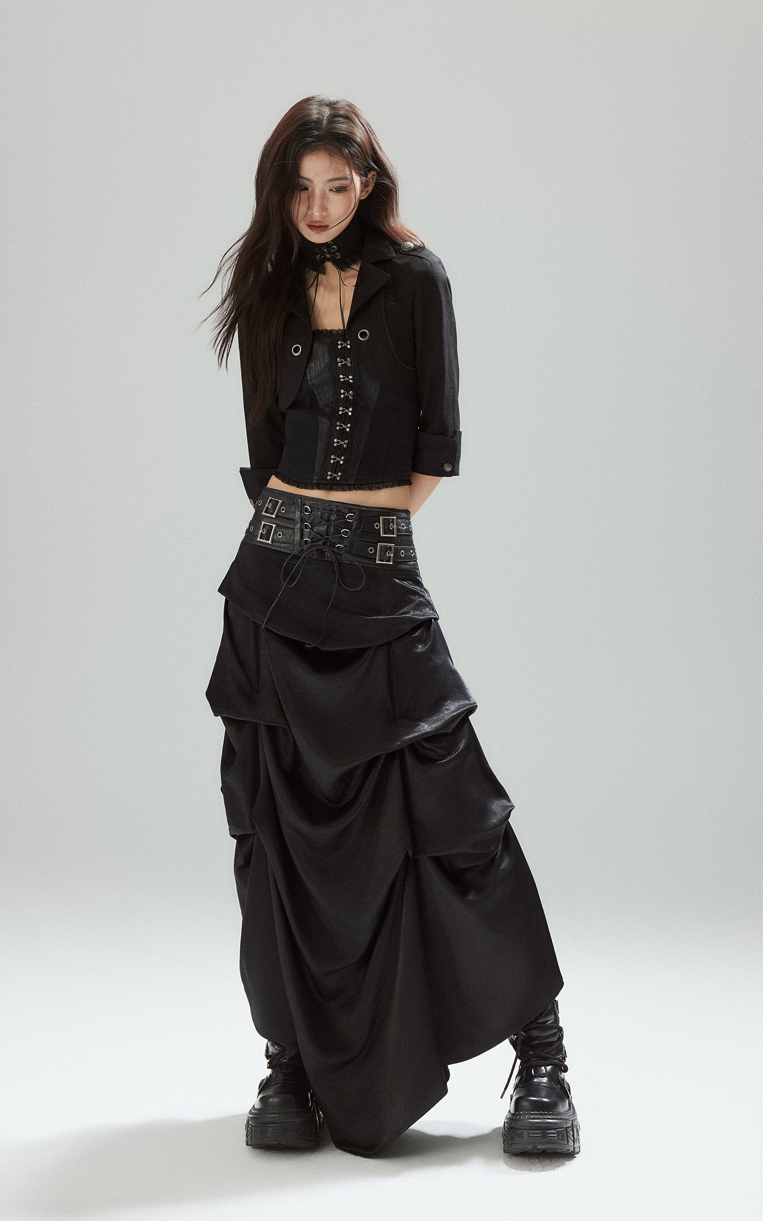 low pixel ゴシックレイヤードドレープコルセットウエストスカート