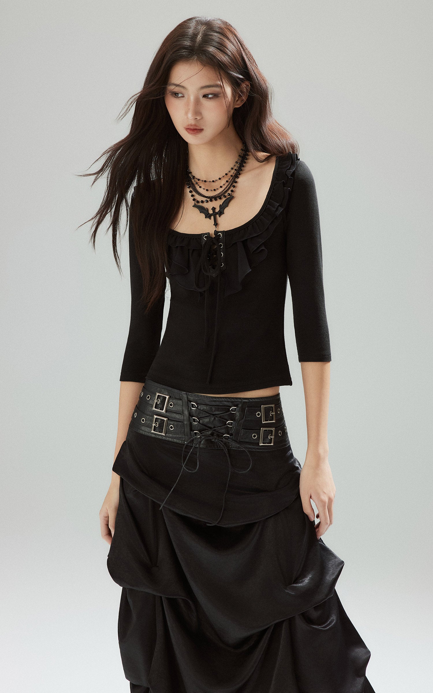 low pixel ゴシックレイヤードドレープコルセットウエストスカート