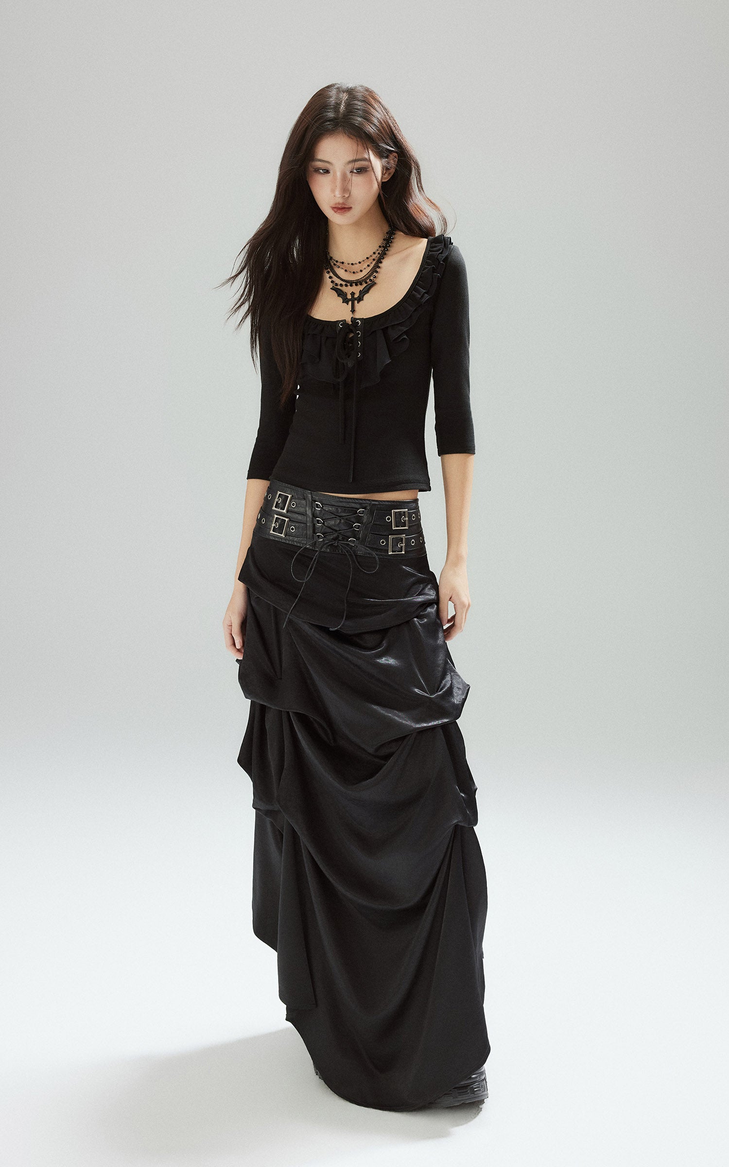 low pixel ゴシックレイヤードドレープコルセットウエストスカート