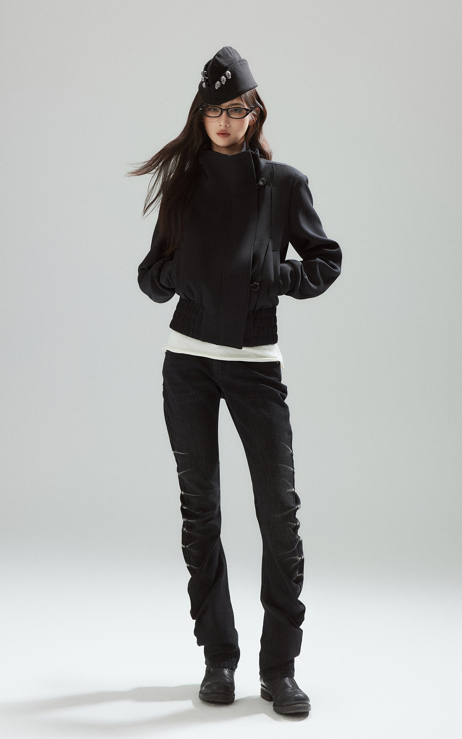 Low pixel ウォッシュドルーシュスリムフレアデニムパンツ