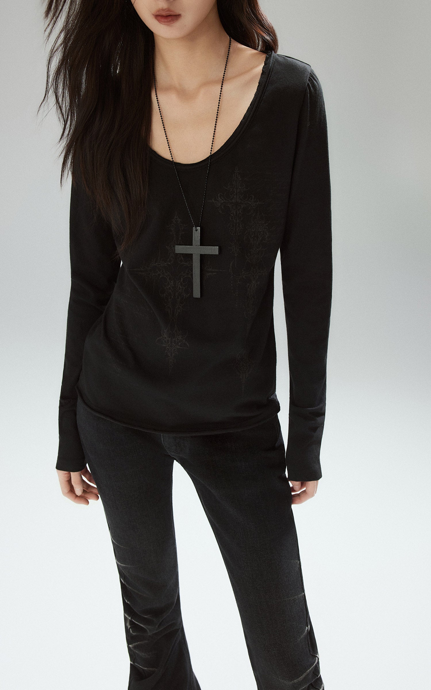 Low pixel ウォッシュドルーシュスリムフレアデニムパンツ