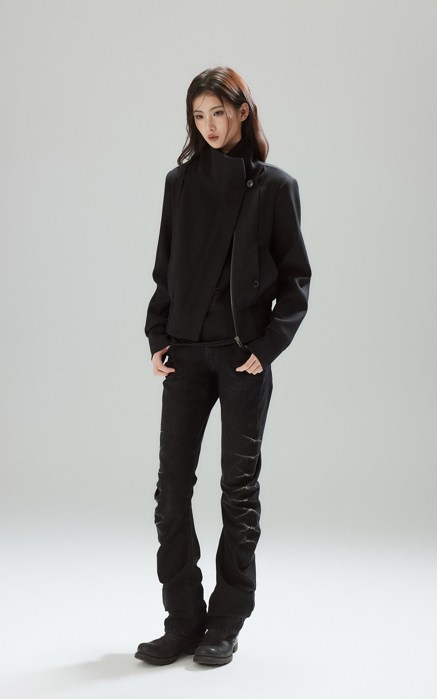 Low pixel ウォッシュドルーシュスリムフレアデニムパンツ