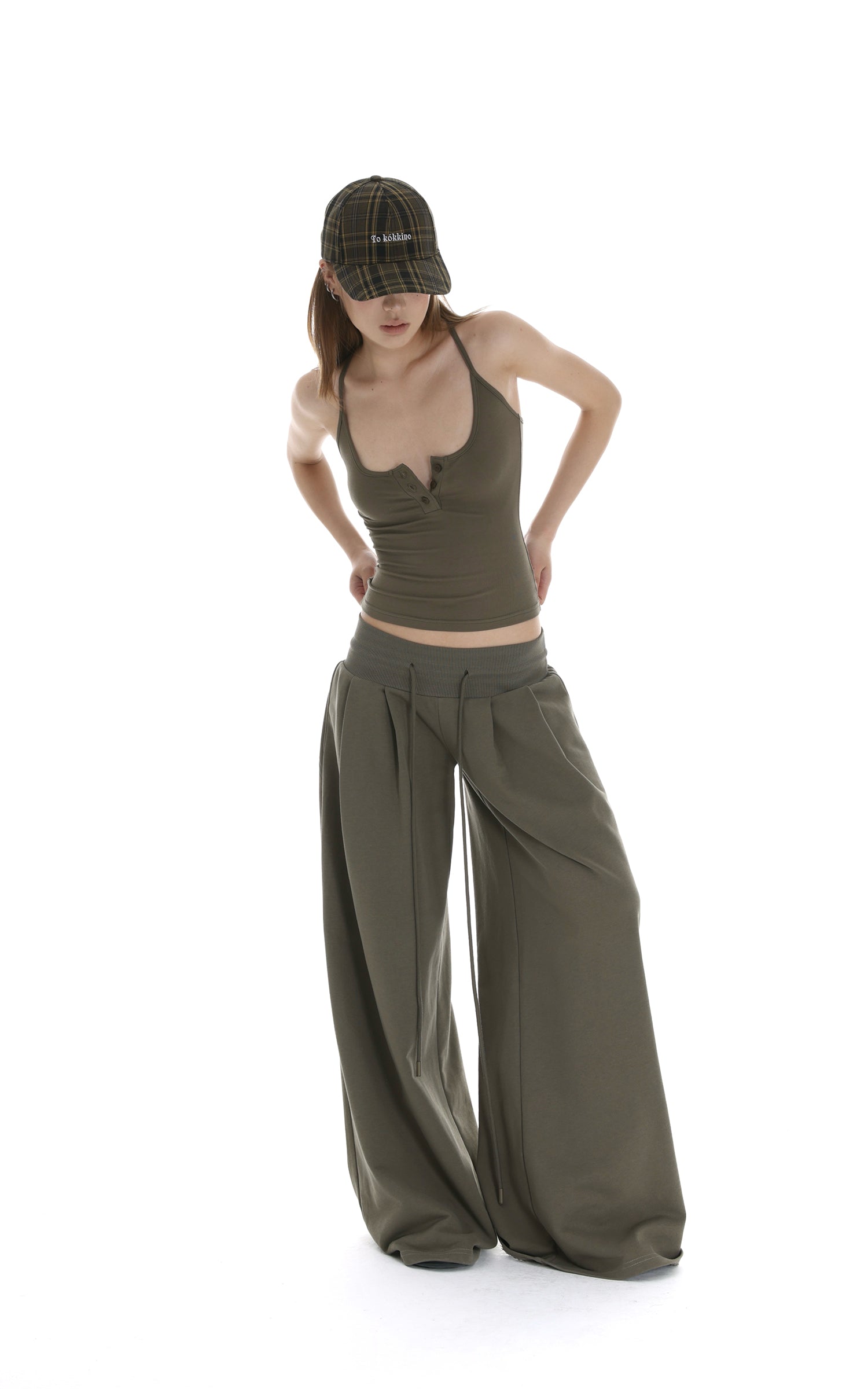 IAMXIAA リブボタンタンク＆ワイドレッグドローストリングパンツ2点セット