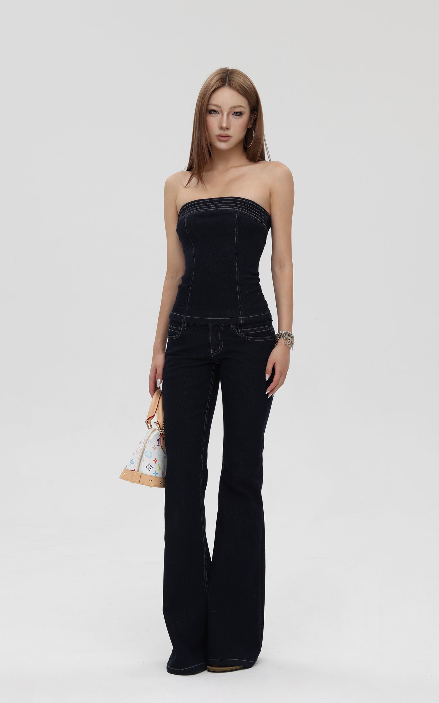 IAMXIAA ストラップレスデニムトップ＆フレアパンツ2点セット