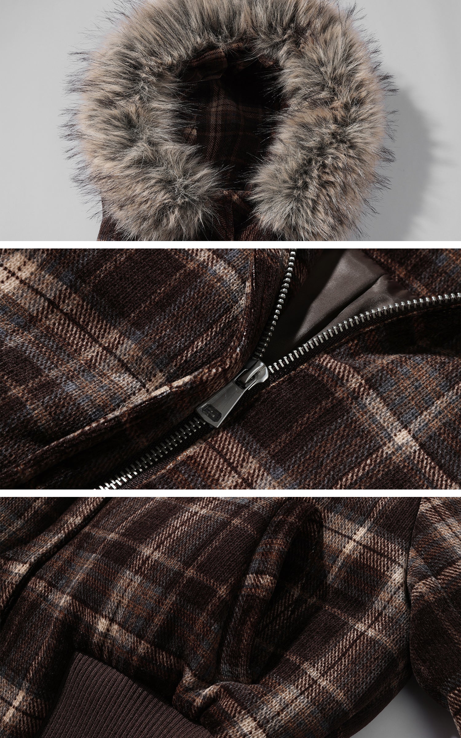 WARDEN EDGE 取り外し可能なファー付き構造的チェック柄ダウンジャケット