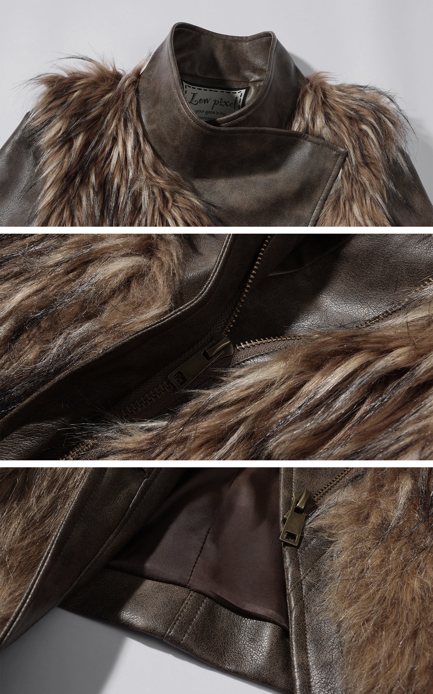 Low pixel フェイクファー パネル アシンメトリック クロップドジャケット