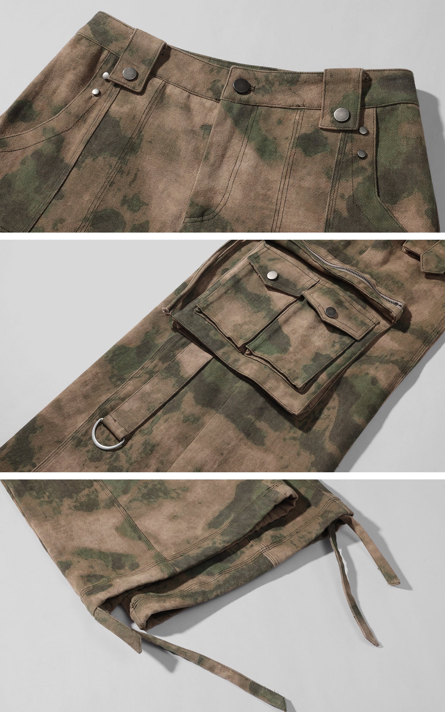 カモウォッシュと多機能ポケット付きの解体風ドローストリングカーゴパンツ