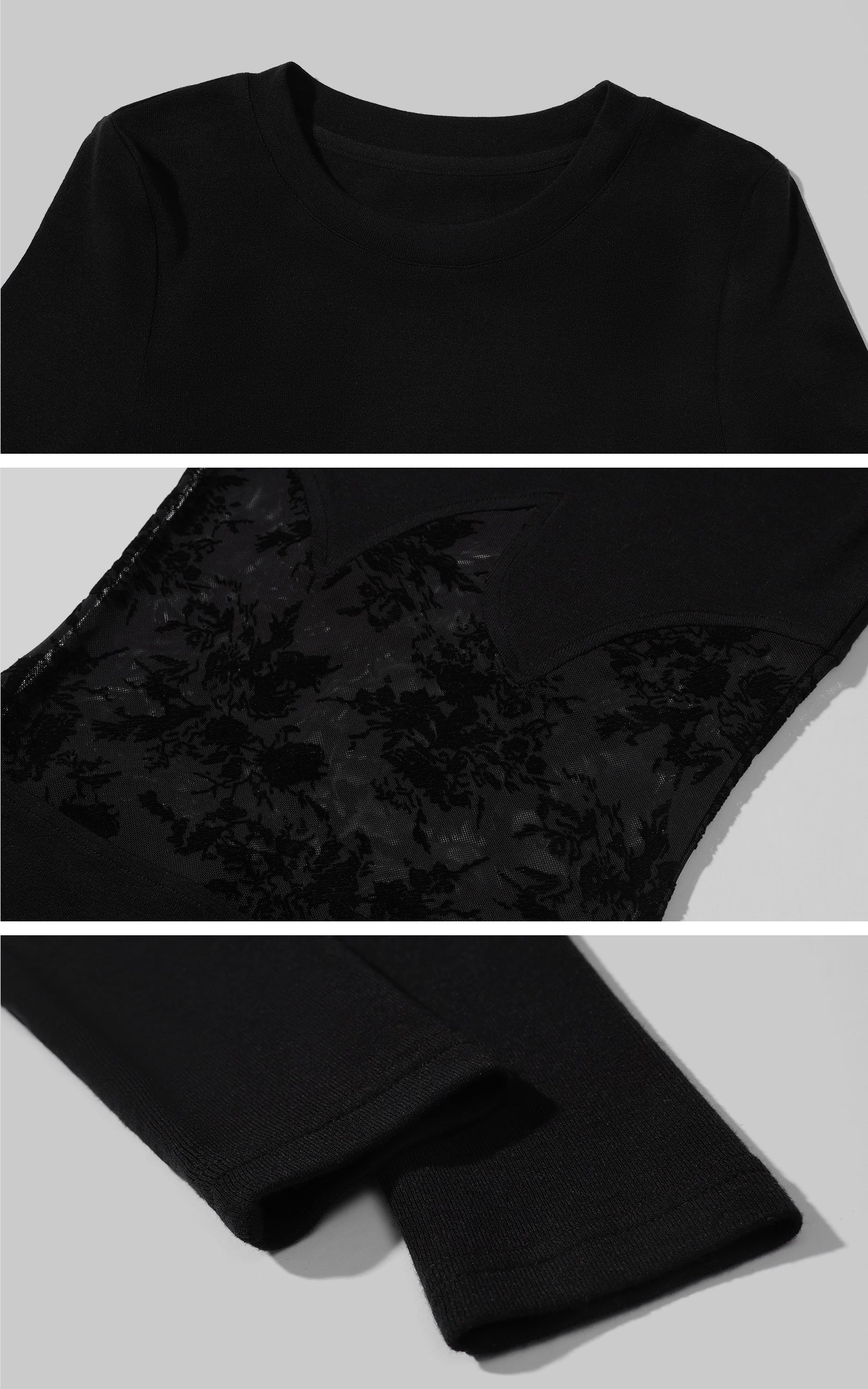 Low pixel レースパネルスリムフィットニットロングスリーブトップ
