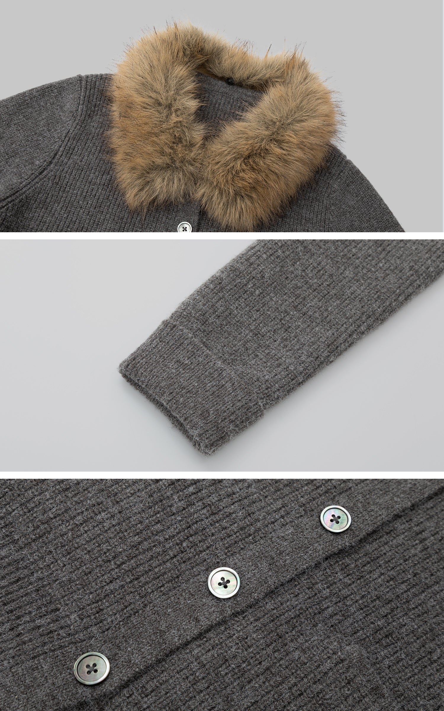 IAMXIAA フェイクファー襟ウール風ニットカーディガン