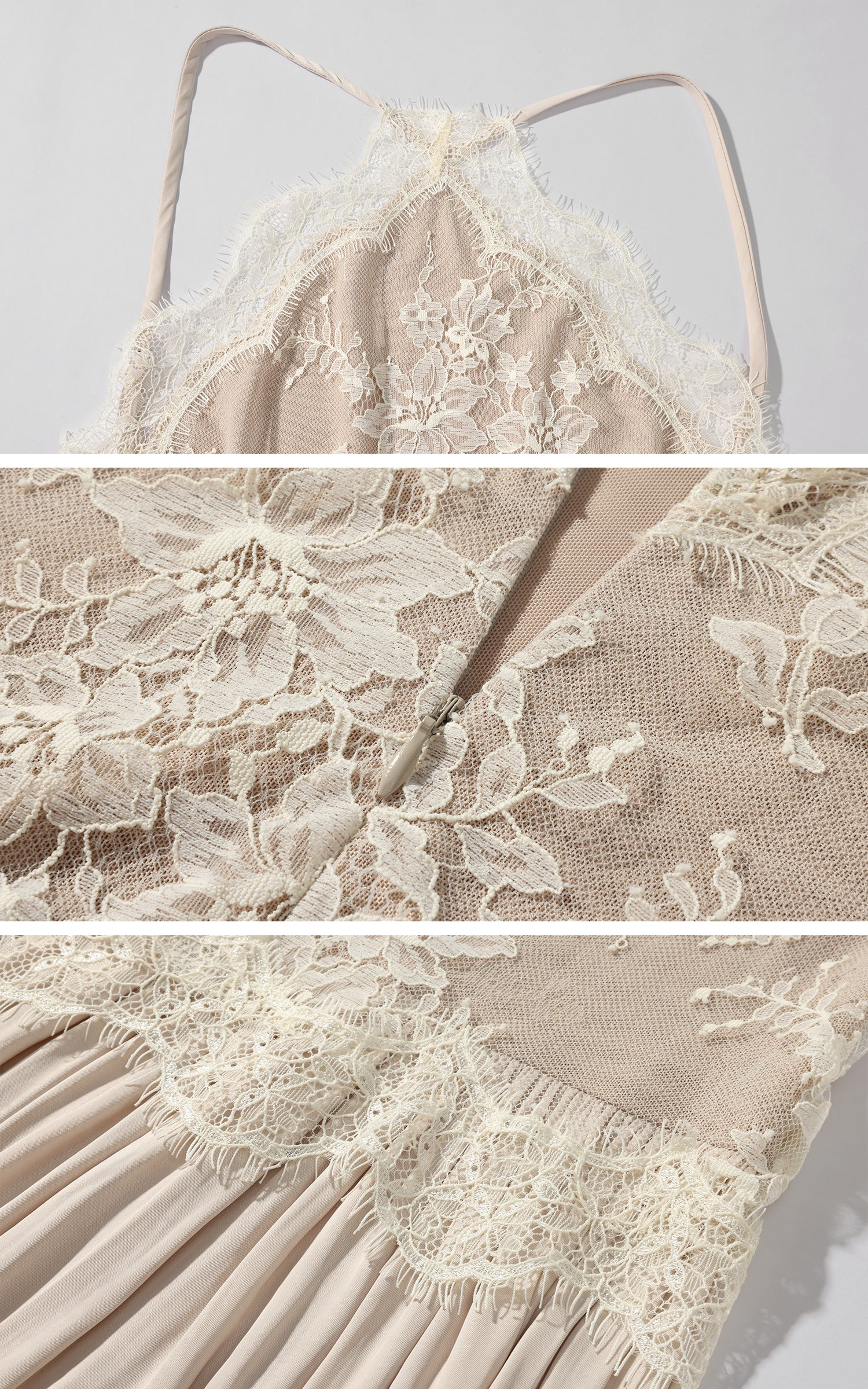 ROVENTE Embroidered Lace Halter Dress With Gathered Hem - PINKPARKS