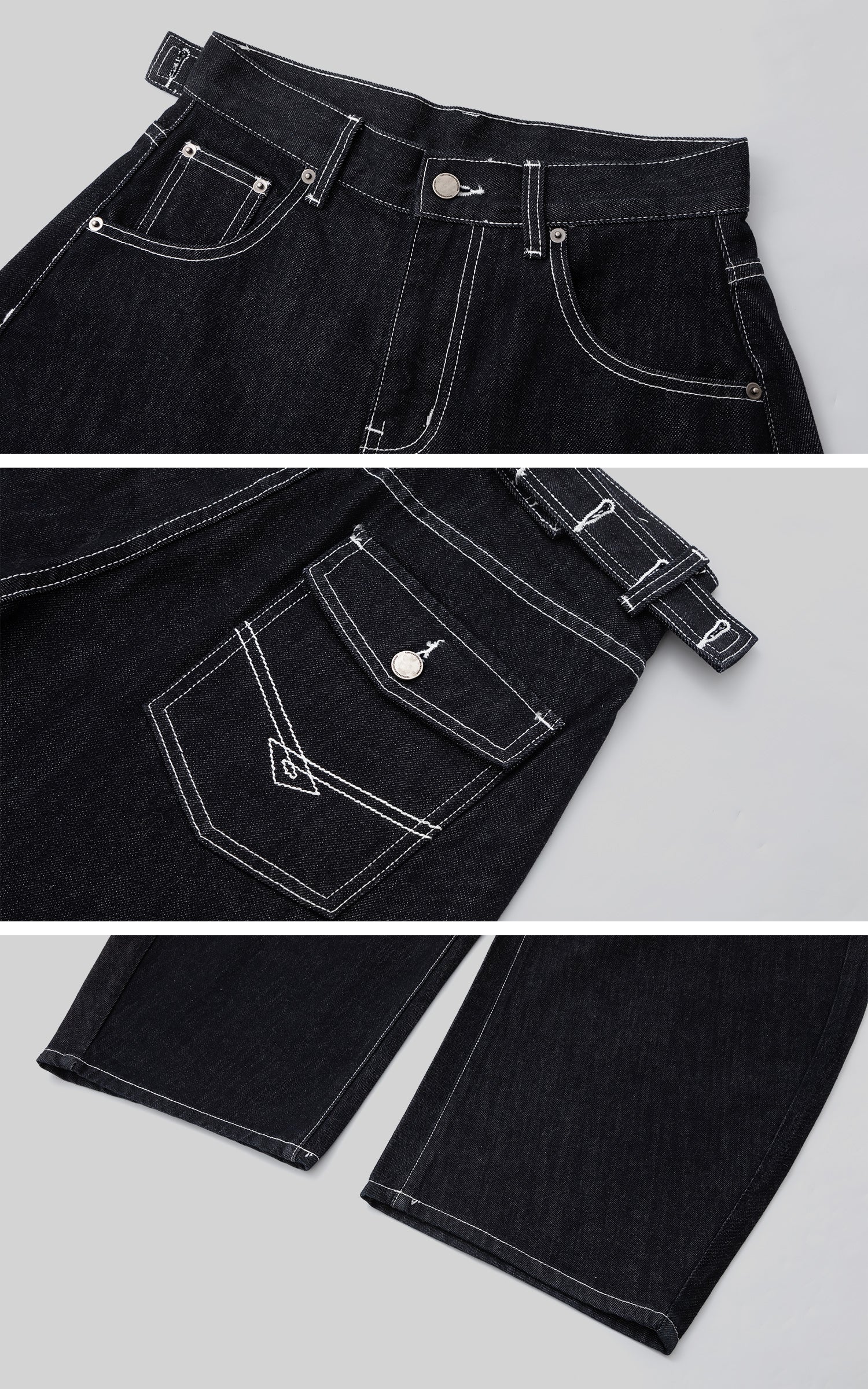 IAMXIAA ダブルバックポケット付きコントラストステッチワイドレッグデニムジーンズ