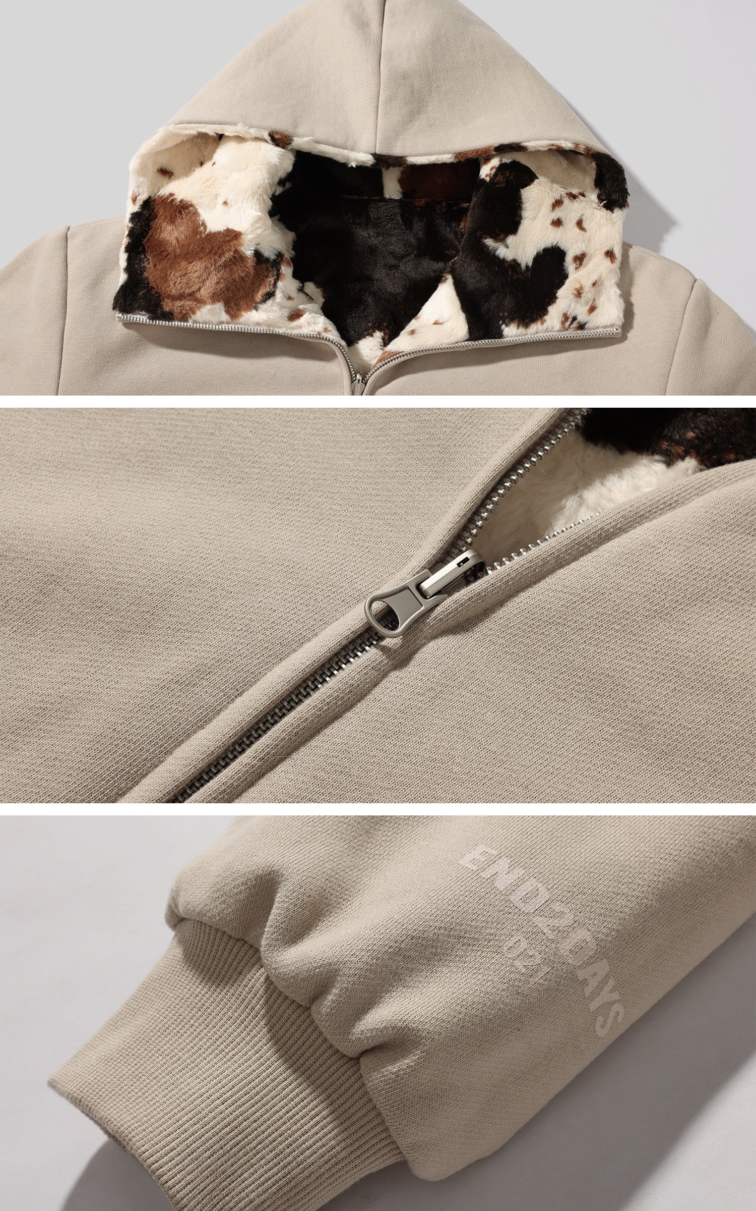 WARDEN EDGE リバーシブルジャケット、スムースニットと牛柄ファー生地使用