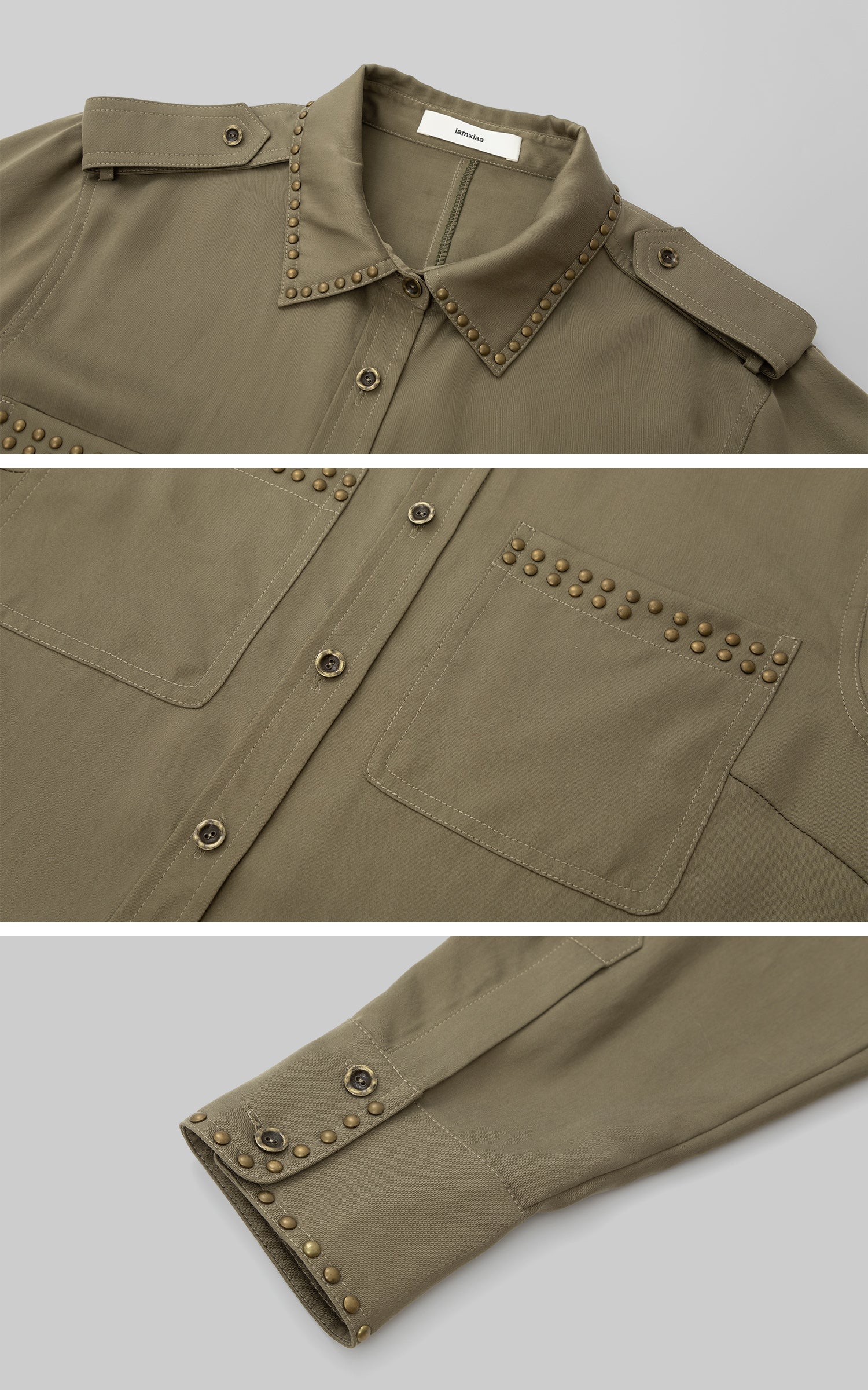 IAMXIAA スタッズ付きユーティリティシャツ – エポレットが映えるミリタリーチックなボタンダウン