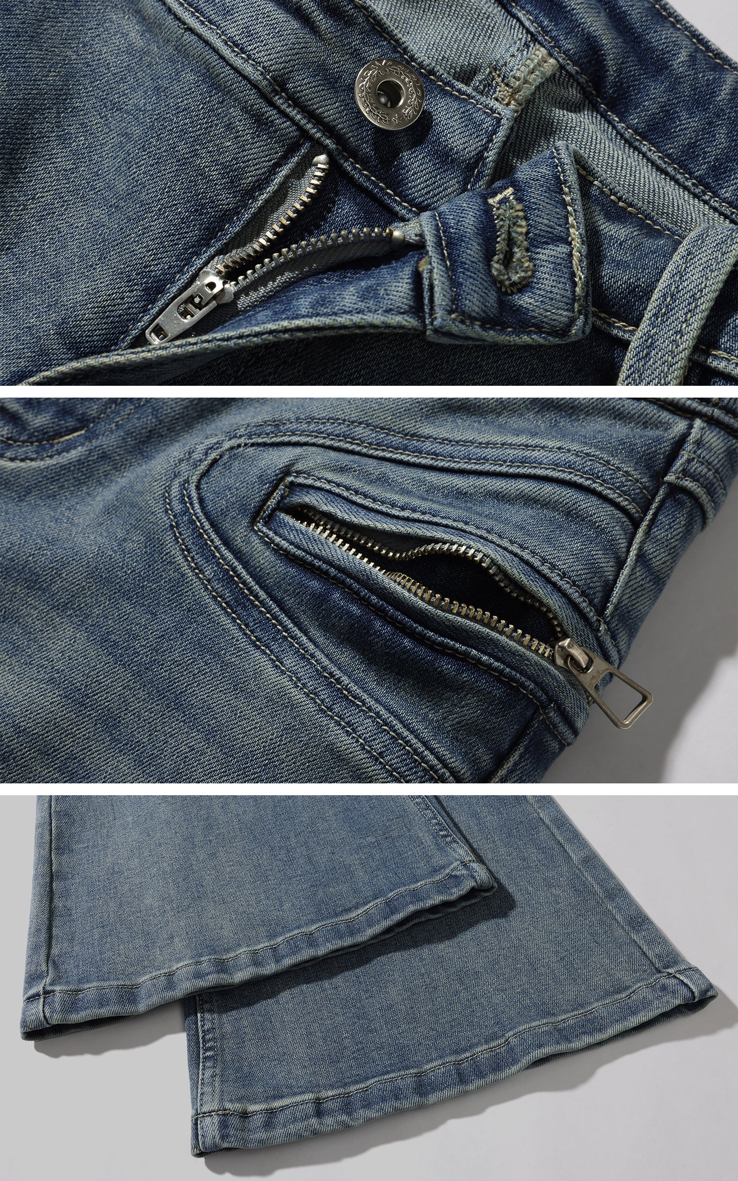 WARDEN EDGE Vintage Flare Denim Jeans Low Rise Bootcut Pants with Zipper Details