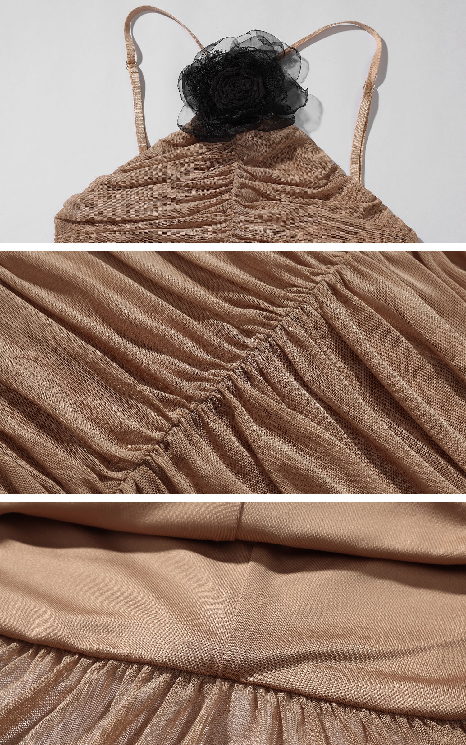 ROVENTE 取り外し可能なフラワーブローチ付きギャザーメッシュマキシドレス＆フローヘム