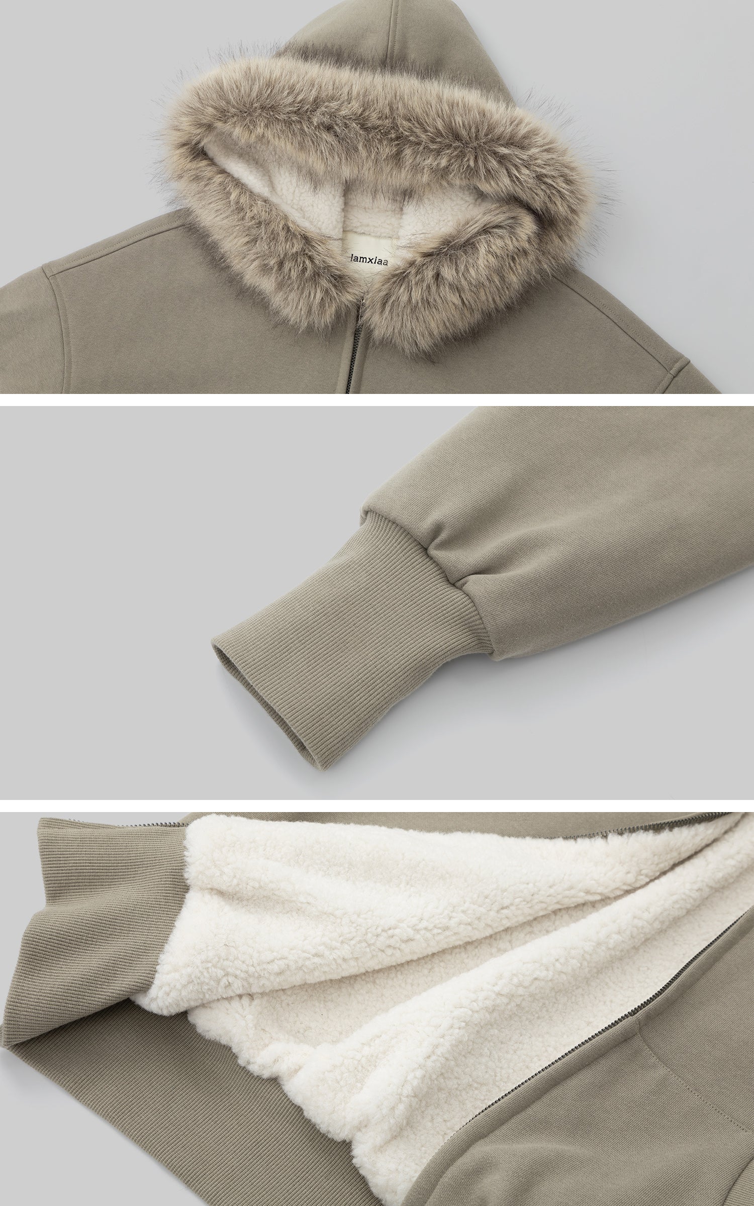 IAMXIAA フェイクファー トリム フーディ ジップ ジャケット &amp; ワイドレッグ スウェットパンツ セット