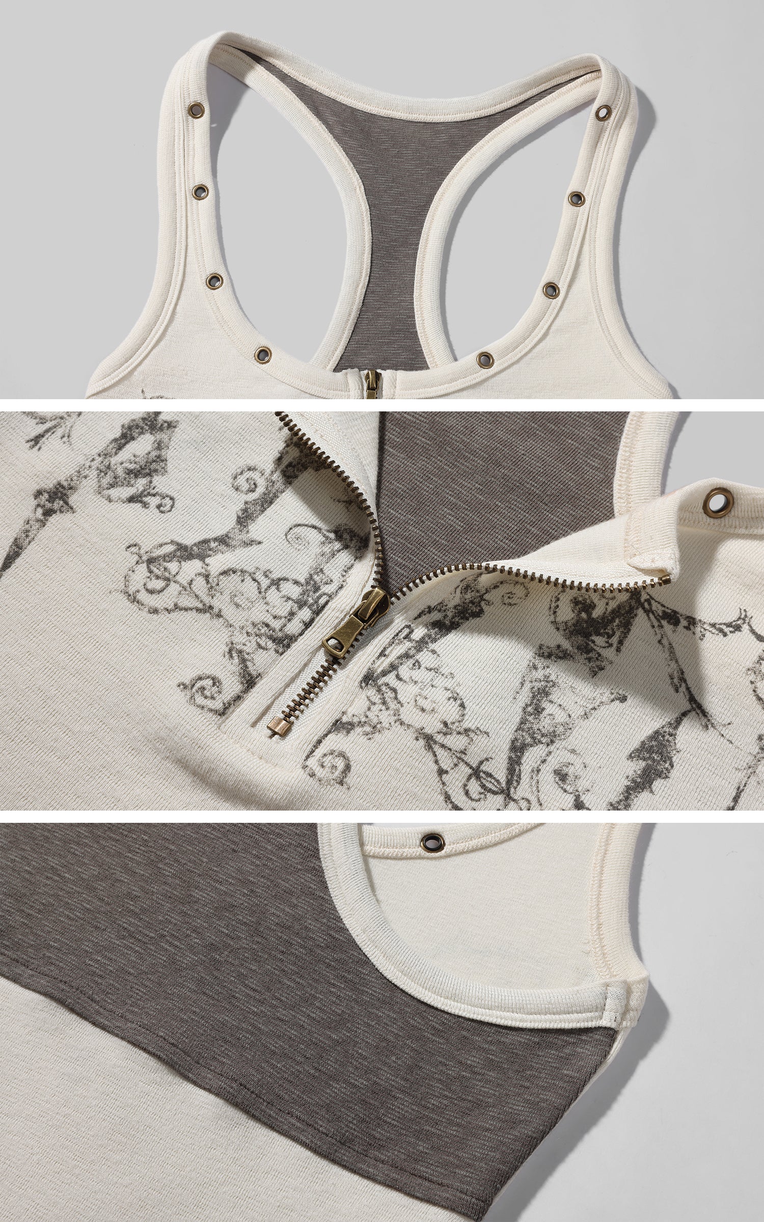 Low pixel ヴィンテージグラフィックジップフロントフィットタンクトップ