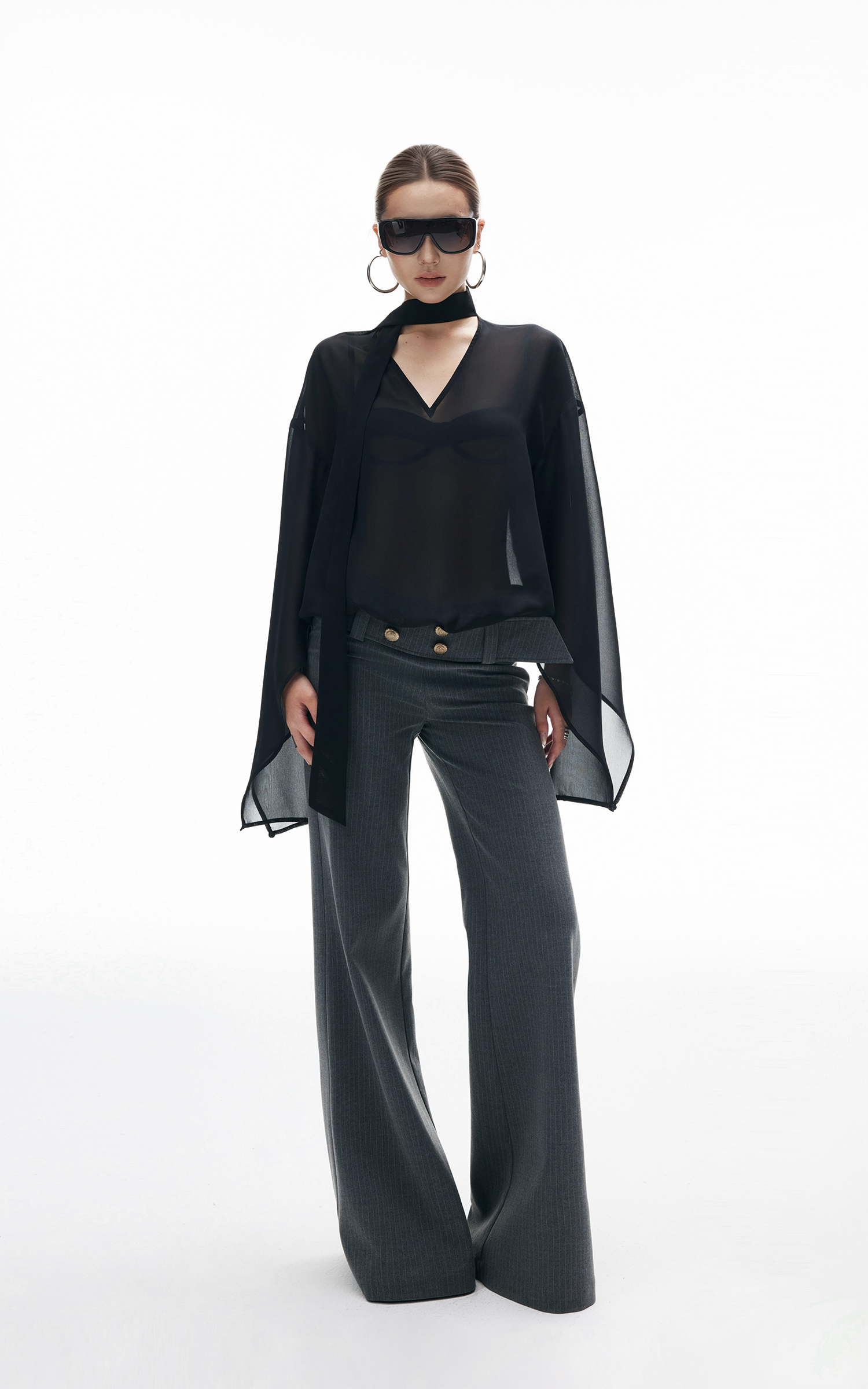 IAMXIAA スカーフ付きシアーシフォンブラウス