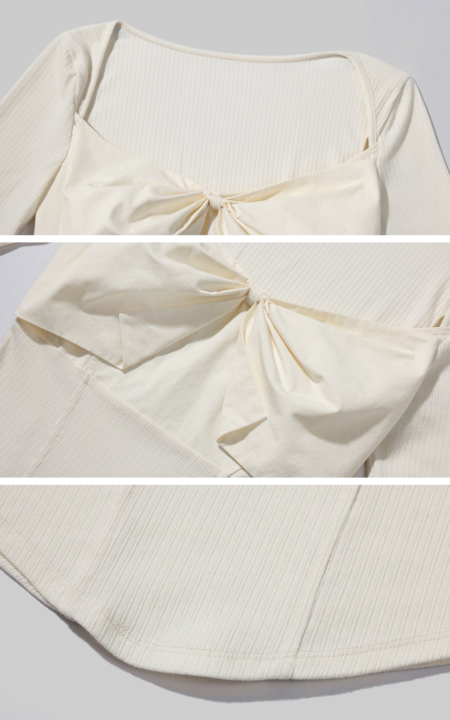 Rase le sol リブ編みロングスリーブトップ、構造的なリボンとフリルヘムショートパンツセット