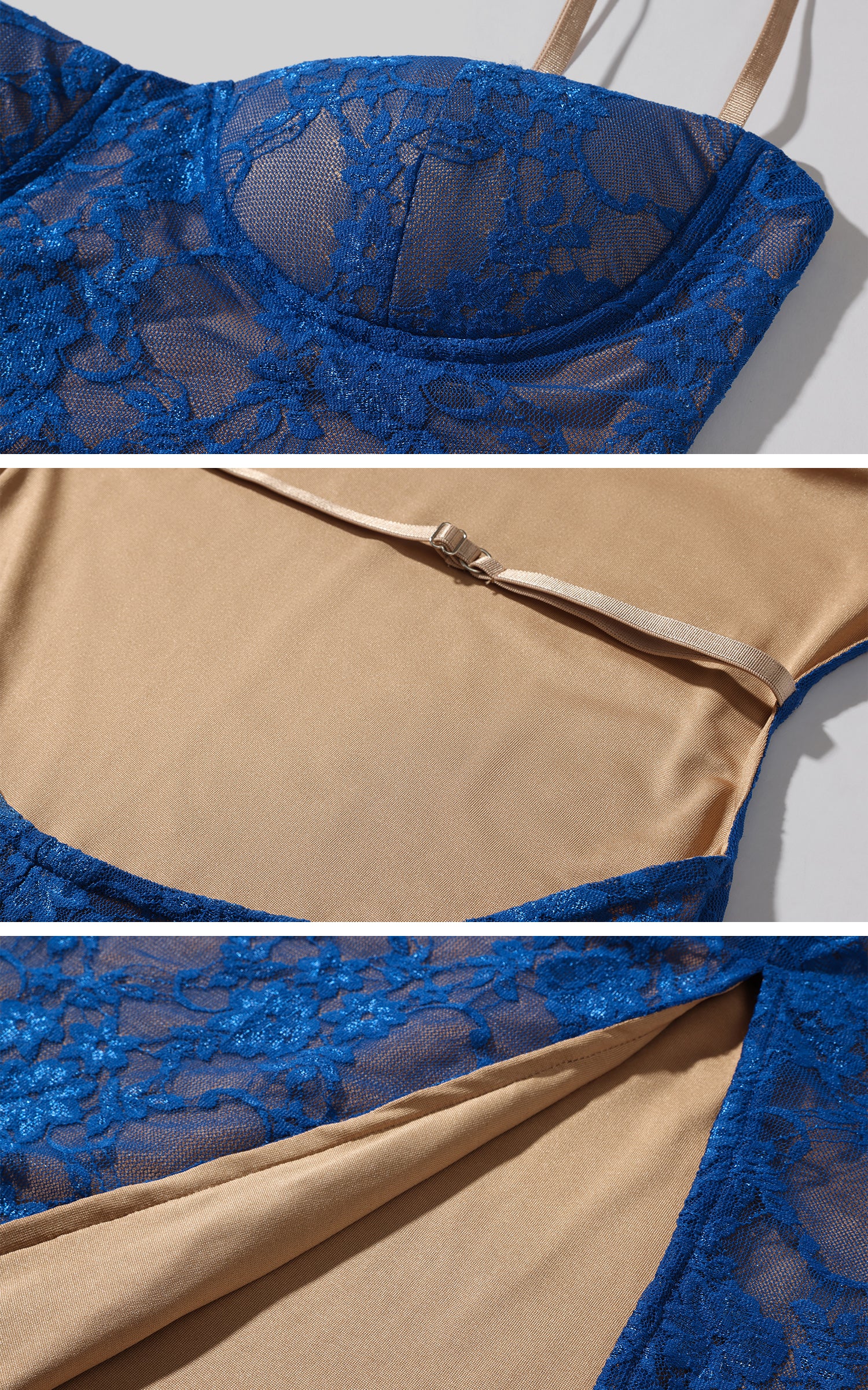 ROVENTE レースカットアウトマキシドレス シアーメッシュ＆スリムフィット