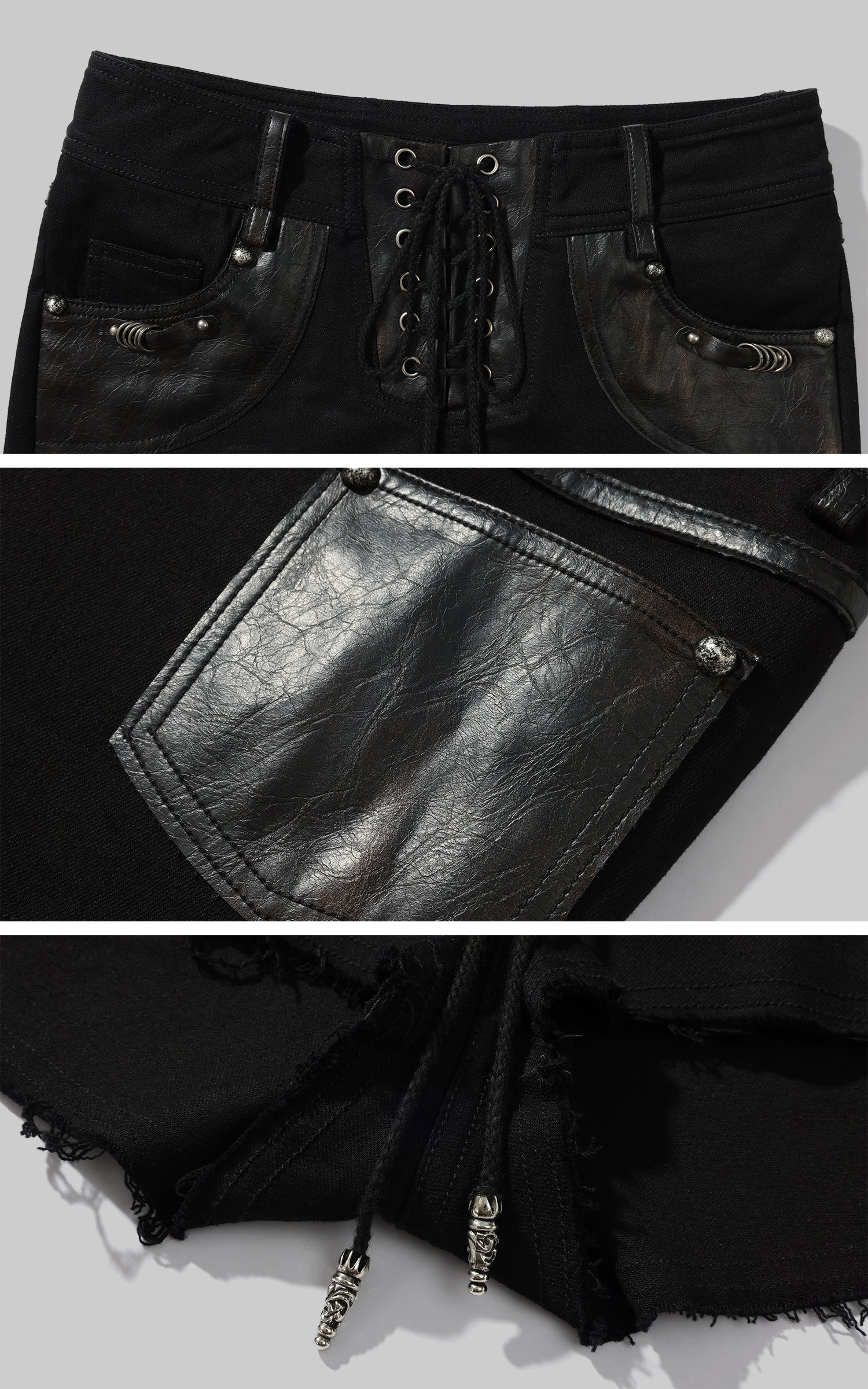 Low pixel レースアップディストレストショーツ（取り外し可能なユーティリティポケット付き）