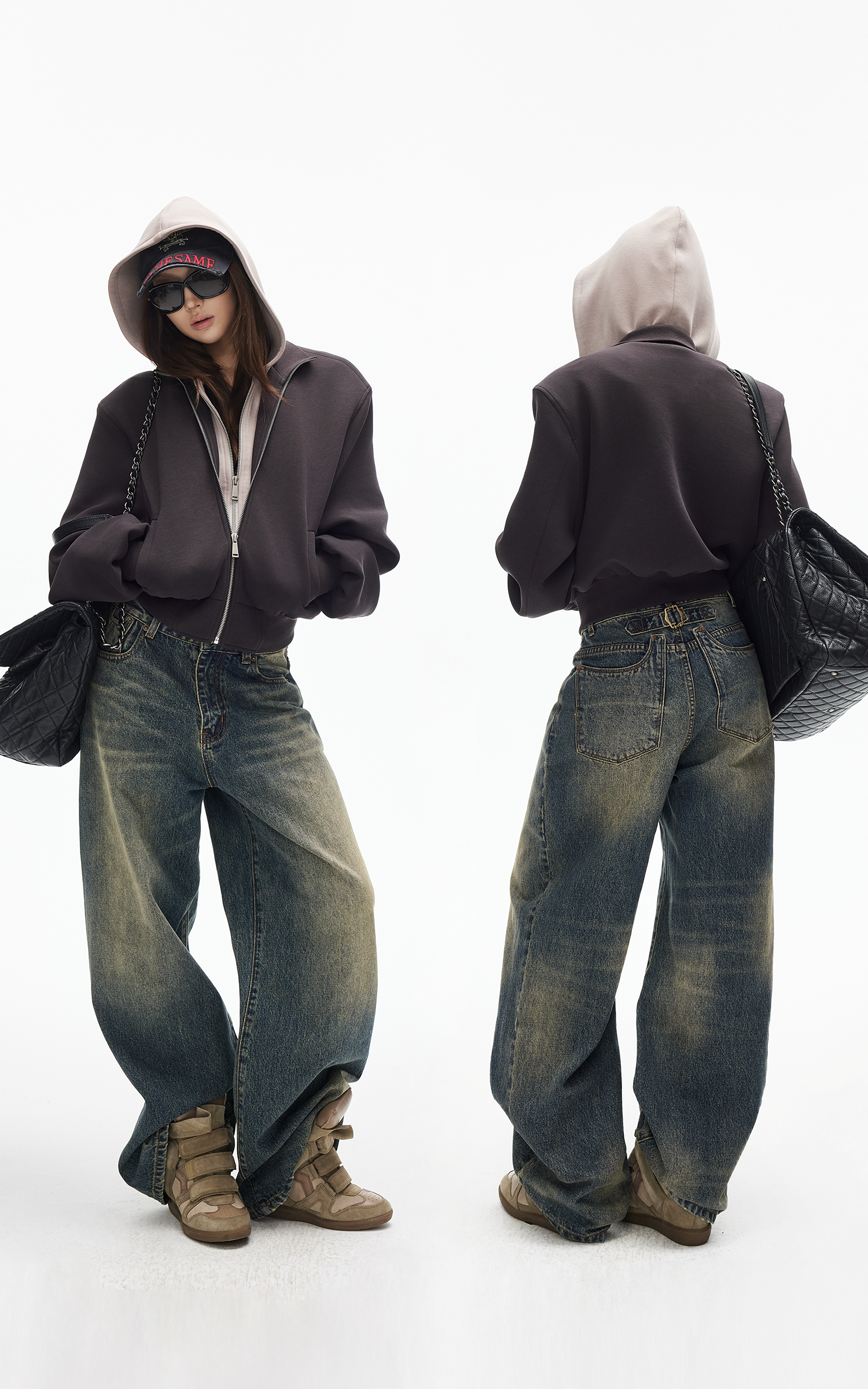 IAMXIAA ヴィンテージウォッシュ ワイドレッグデニムジーンズ