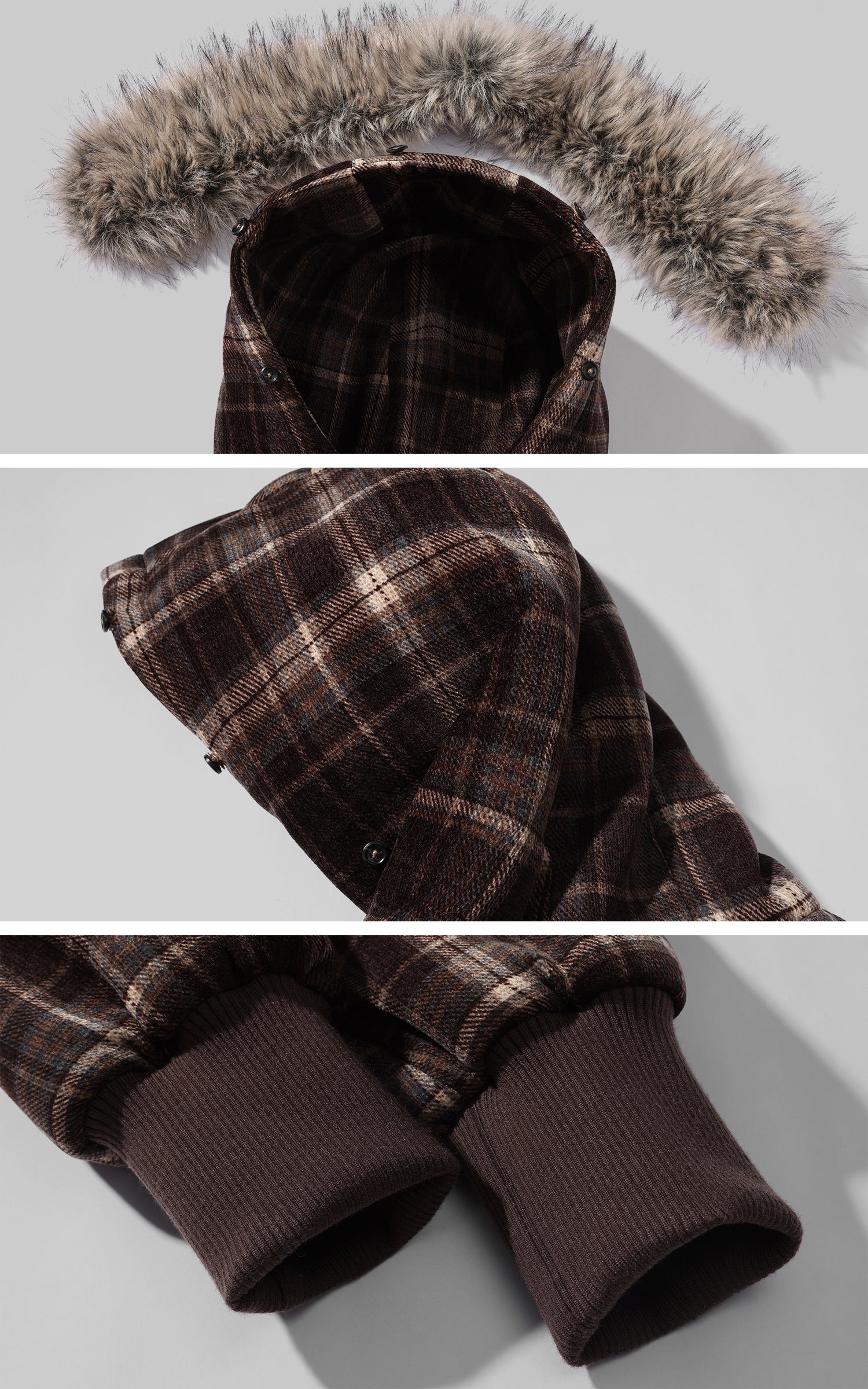 WARDEN EDGE 取り外し可能なファー付き構造的チェック柄ダウンジャケット