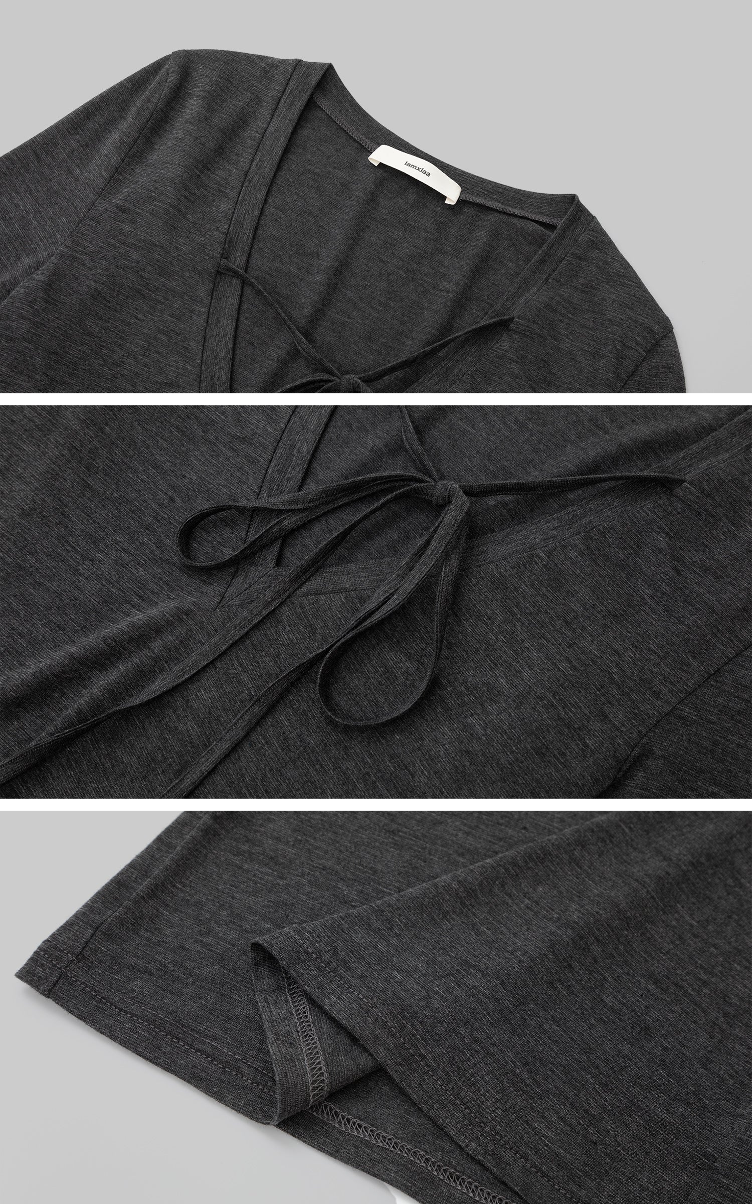 IAMXIAA タイディテール長袖トップス スリムフィット スクープネックTシャツ