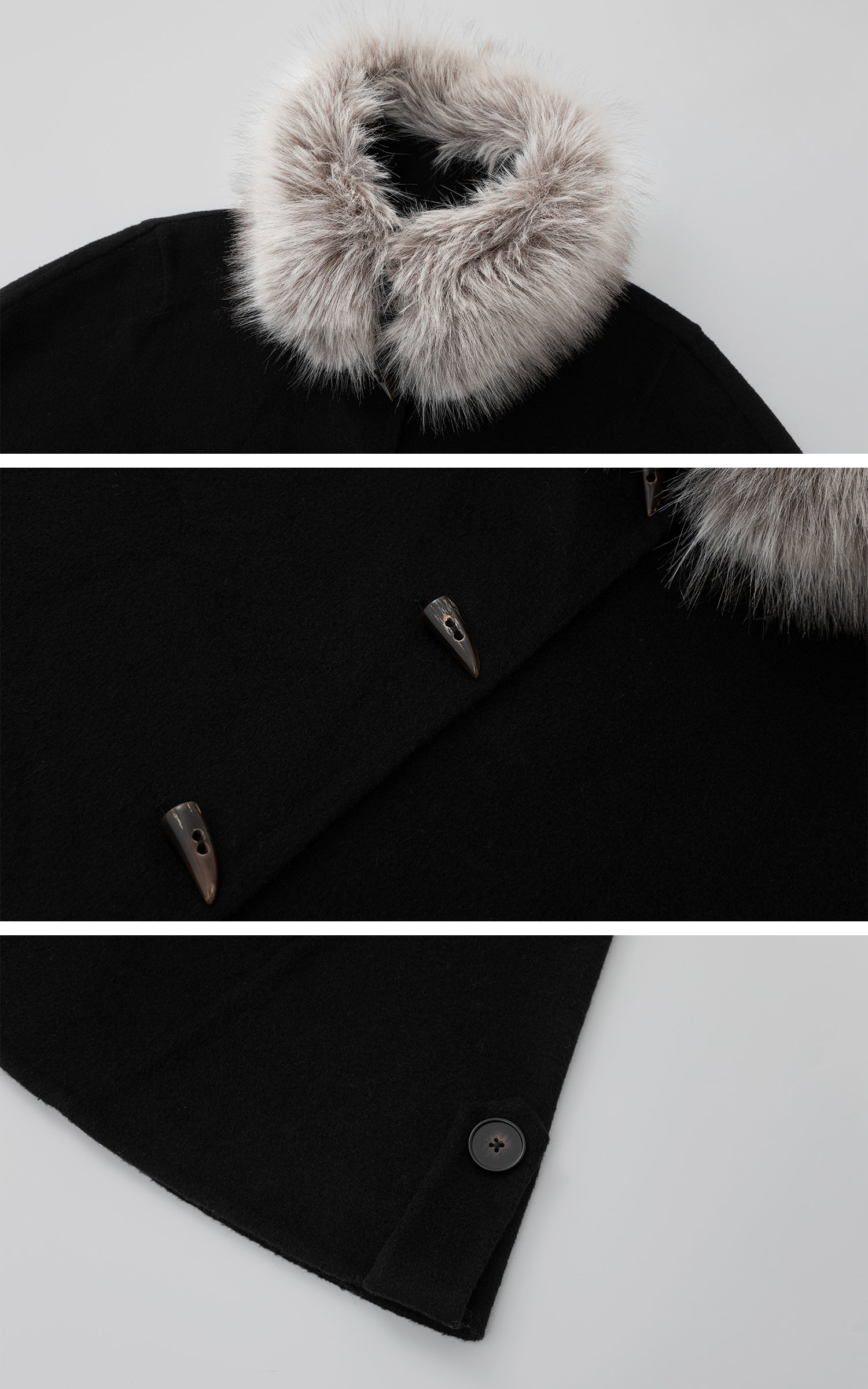 IAMXIAA フェイクファーの襟とトグルボタン付きウールケープコート