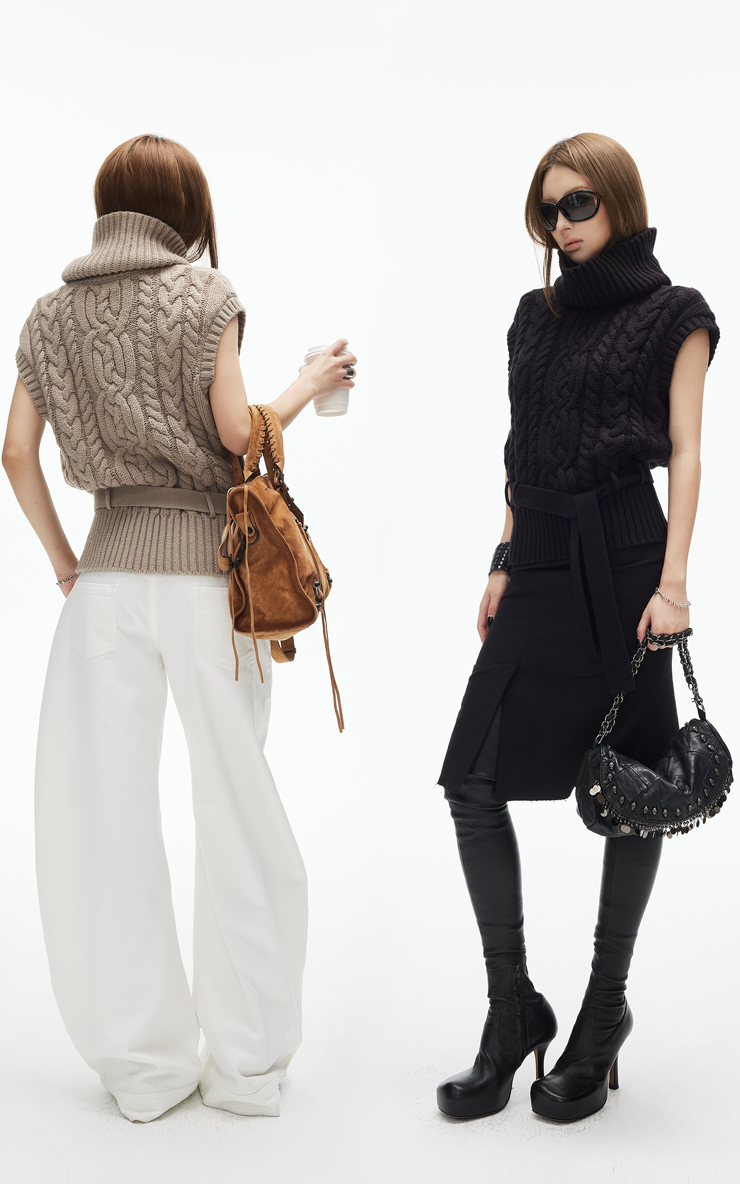 IAMXIAA ウエストタイ付きケーブルニットタートルネックベスト