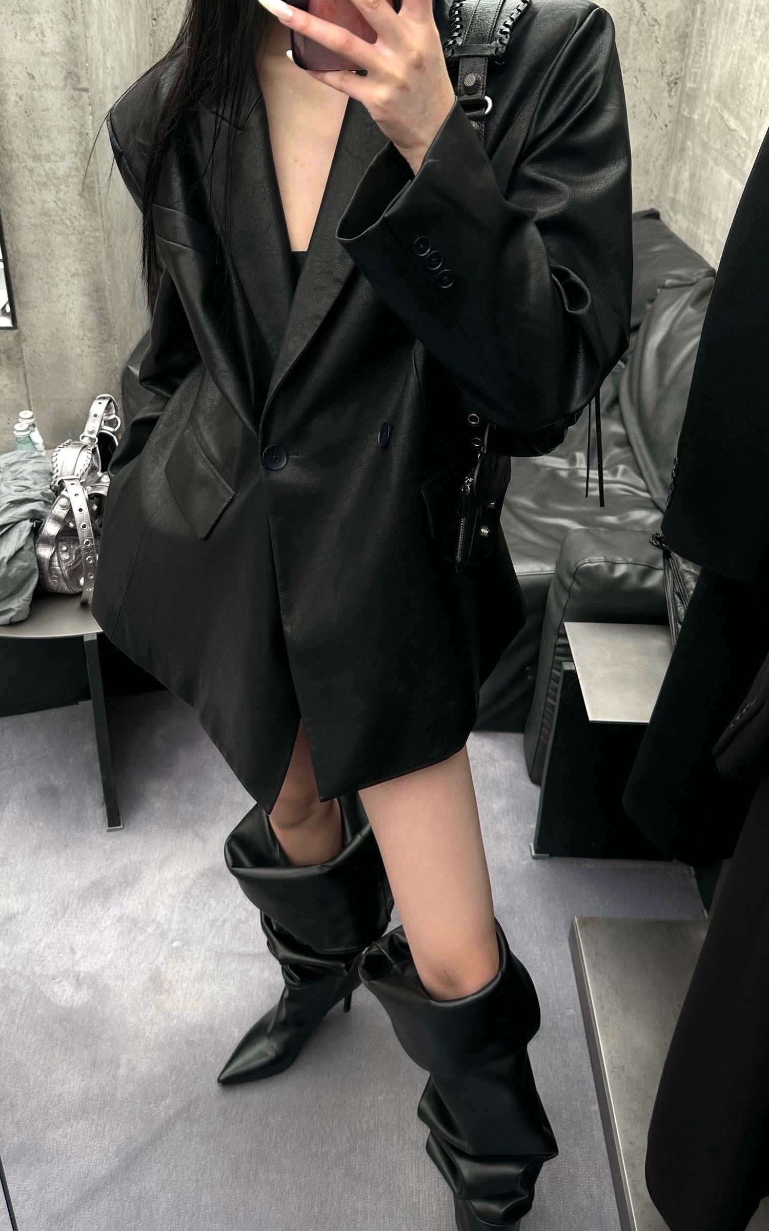 0122stepll オーバーサイズフェイクレザーブレザー