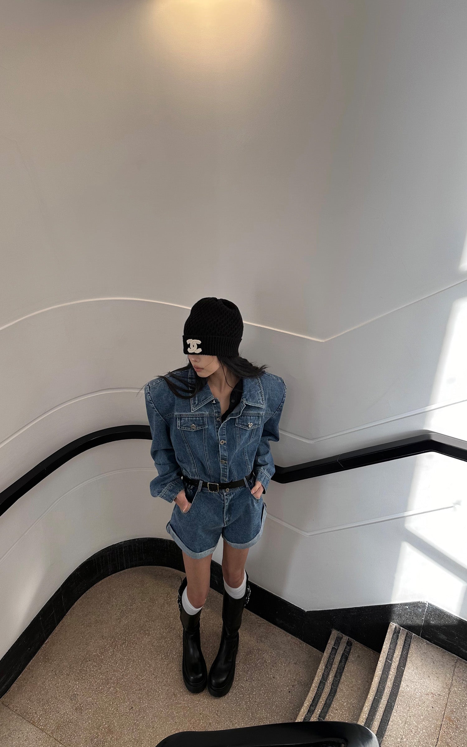 WARDEN EDGE Blue Denim Shoulder-Pad Romper - PINKPARKS