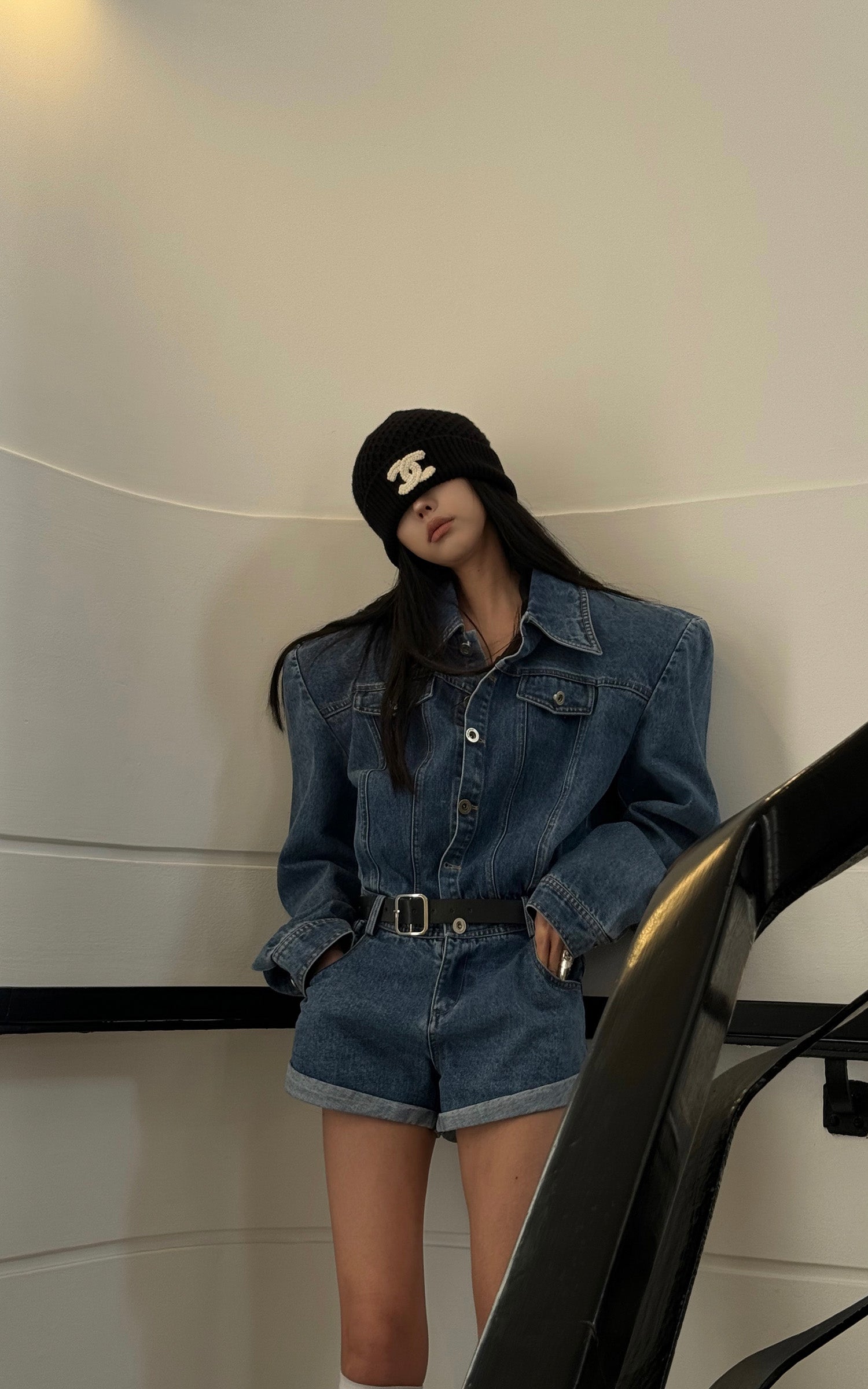 WARDEN EDGE Blue Denim Shoulder-Pad Romper - PINKPARKS