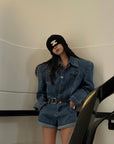 WARDEN EDGE Blue Denim Shoulder-Pad Romper - PINKPARKS