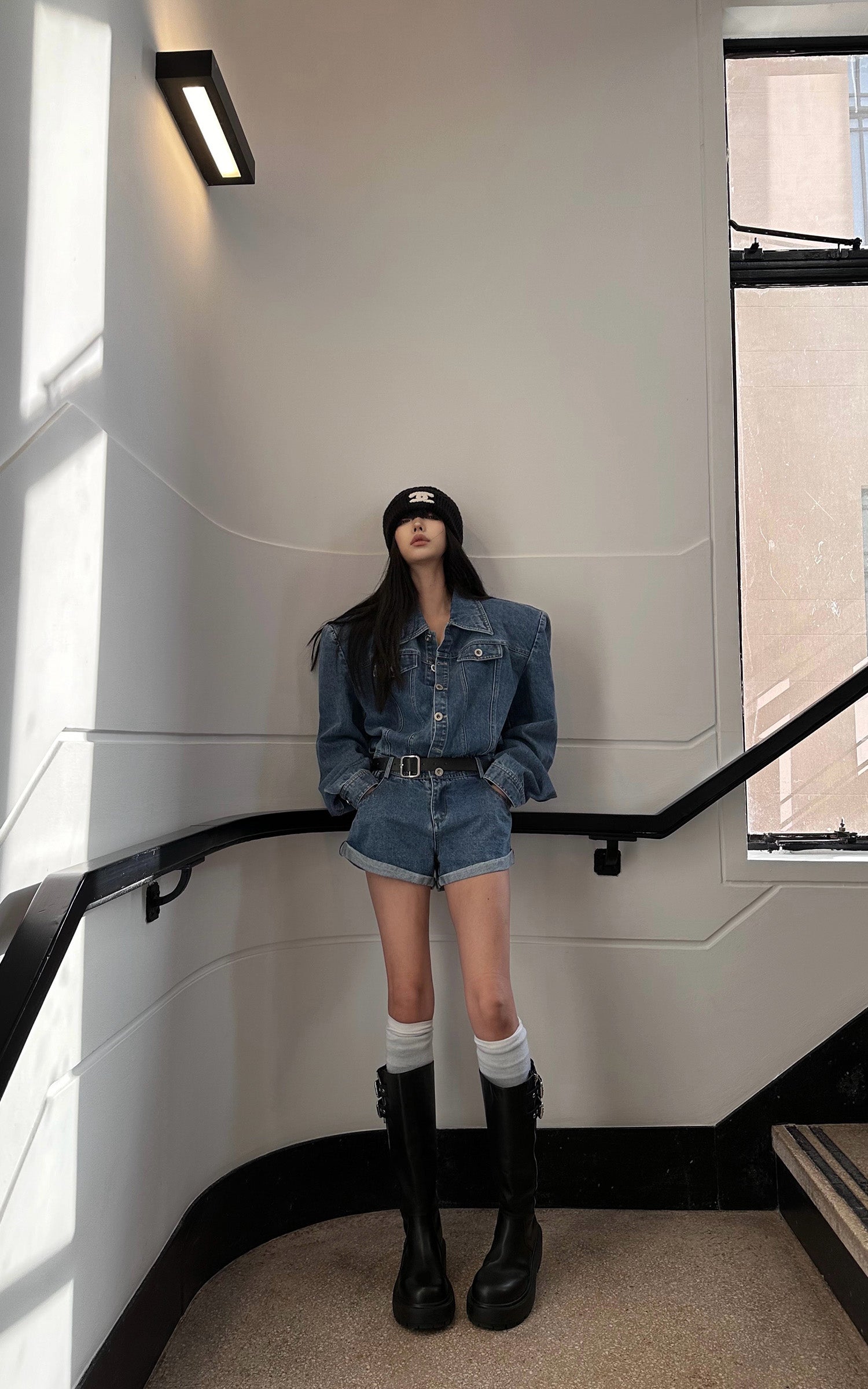 WARDEN EDGE Blue Denim Shoulder-Pad Romper - PINKPARKS